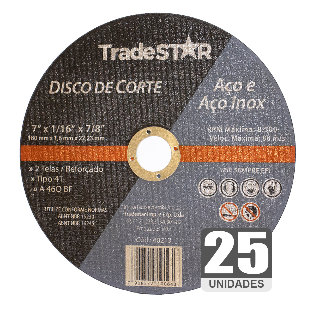 Kit 25 Discos de Corte Fino Inox 7" Tradestar para Esmerilhadeira - Disco abrasivo de 1,6mm para corte preciso de aço e inox. Ideal para serralheria e metalurgia. 2 telas, reforçado, tipo 41, A 46Q BF.