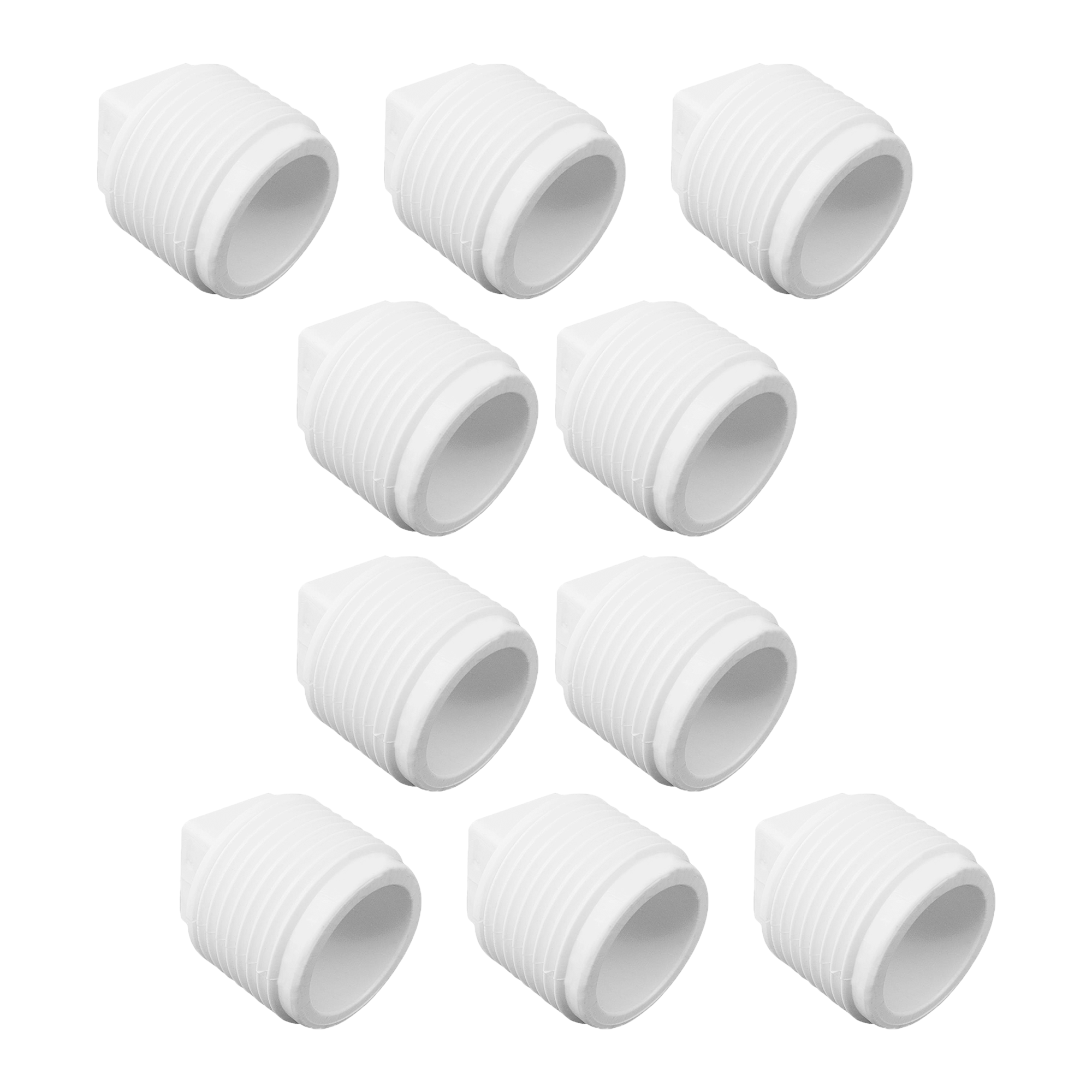 Kit com 10 plugs roscáveis 1/2" Akato brancos de PVC para vedação de tubos. Ideal para instalações hidráulicas, oferece vedação segura e fácil instalação. Produto original, com garantia e envio imediato pela JJC Ferramentas.