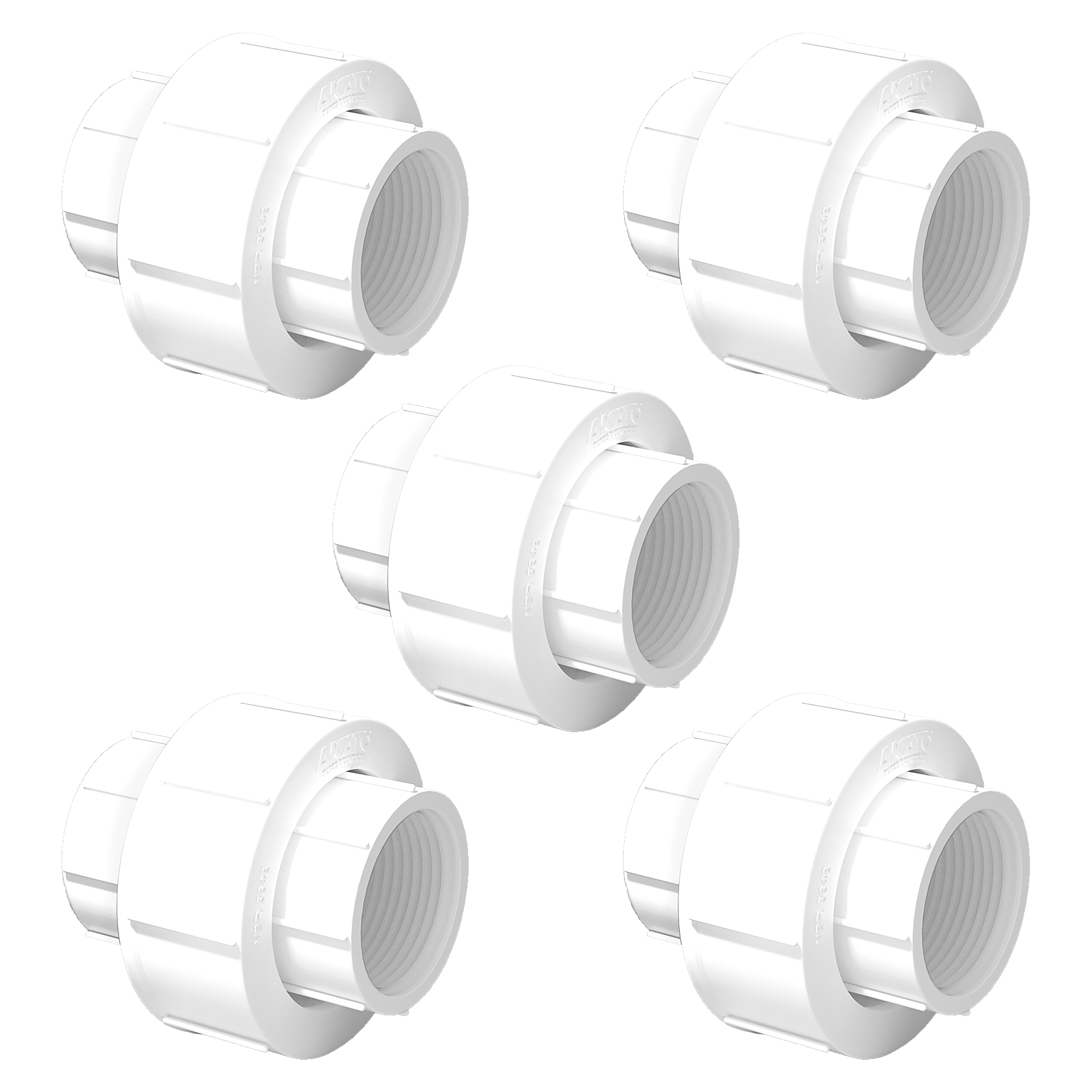 Kit com 5 uniões roscáveis 1/2" Akato em PVC branco. Conexões para tubos com roscas, ideais para instalações hidráulicas seguras e eficientes. Produto original, novo e com garantia.