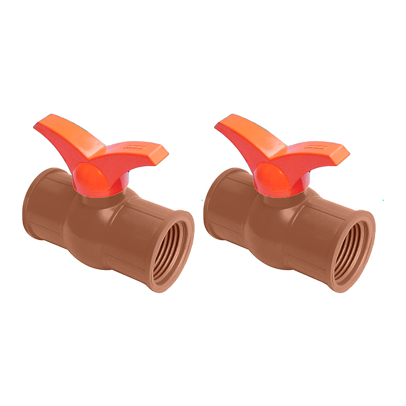 Kit com 2 registros de esfera 3/4" com rosca interna Akato, ideal para sistemas hidráulicos. Válvulas de PVC marrom com alavanca laranja, mostrando a rosca interna para conexão.