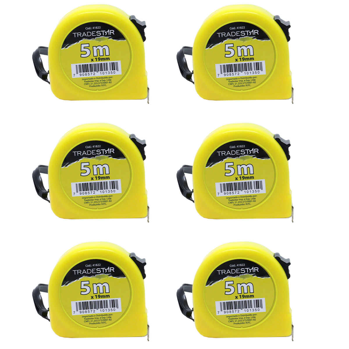 Kit com 6 Trenas ABS 5m x 19mm Tradestar - Trenas de bolso amarelas com fita de aço, presilha para cinto e alça de segurança. Ideal para construção civil, marcenaria, eletricistas e revenda.