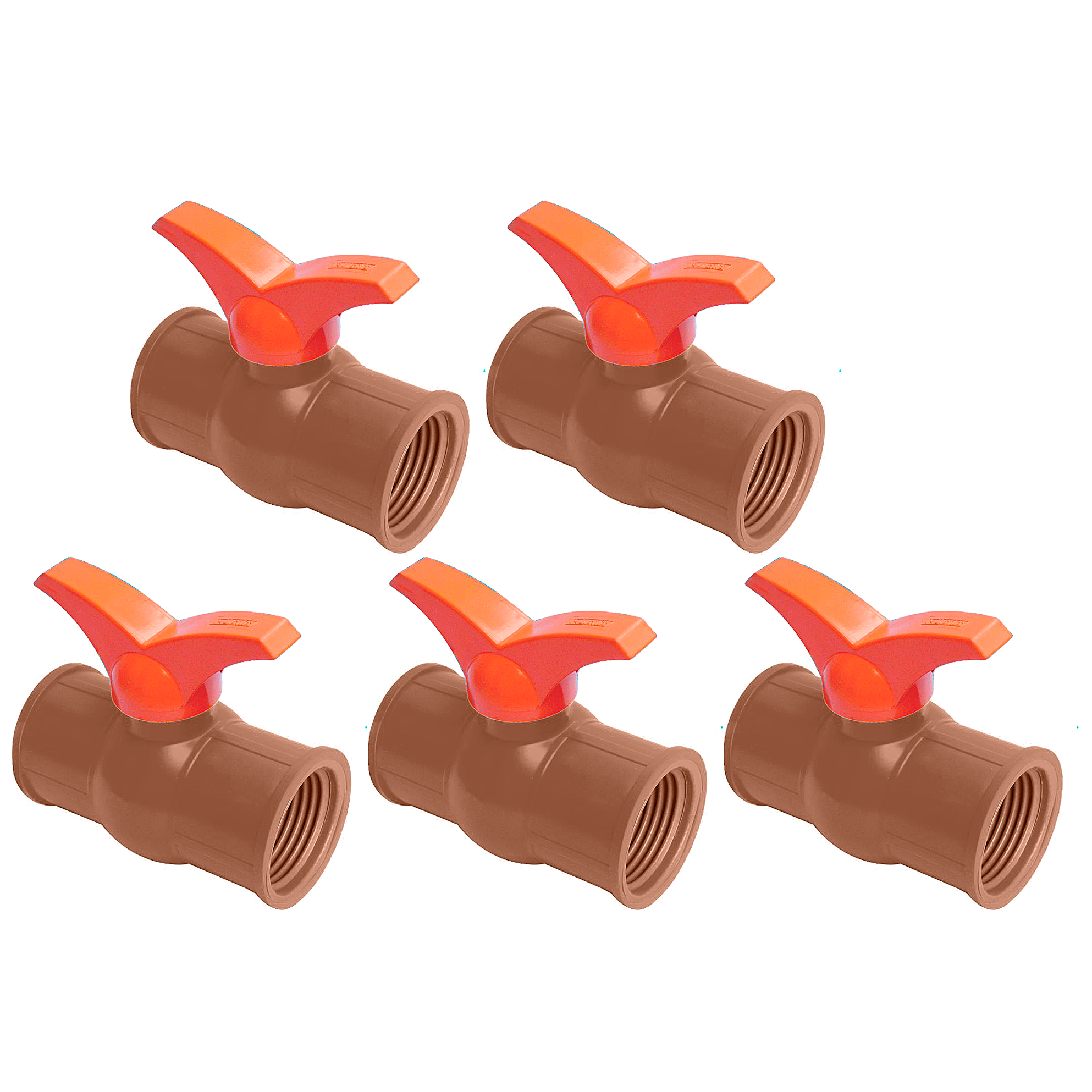 Kit com 5 registros de esfera 3/4" com rosca interna Akato, ideal para sistemas hidráulicos. Válvulas de PVC marrom com alavanca laranja, prontas para instalação em água fria. Kit com 5 unidades, envio imediato e garantia.