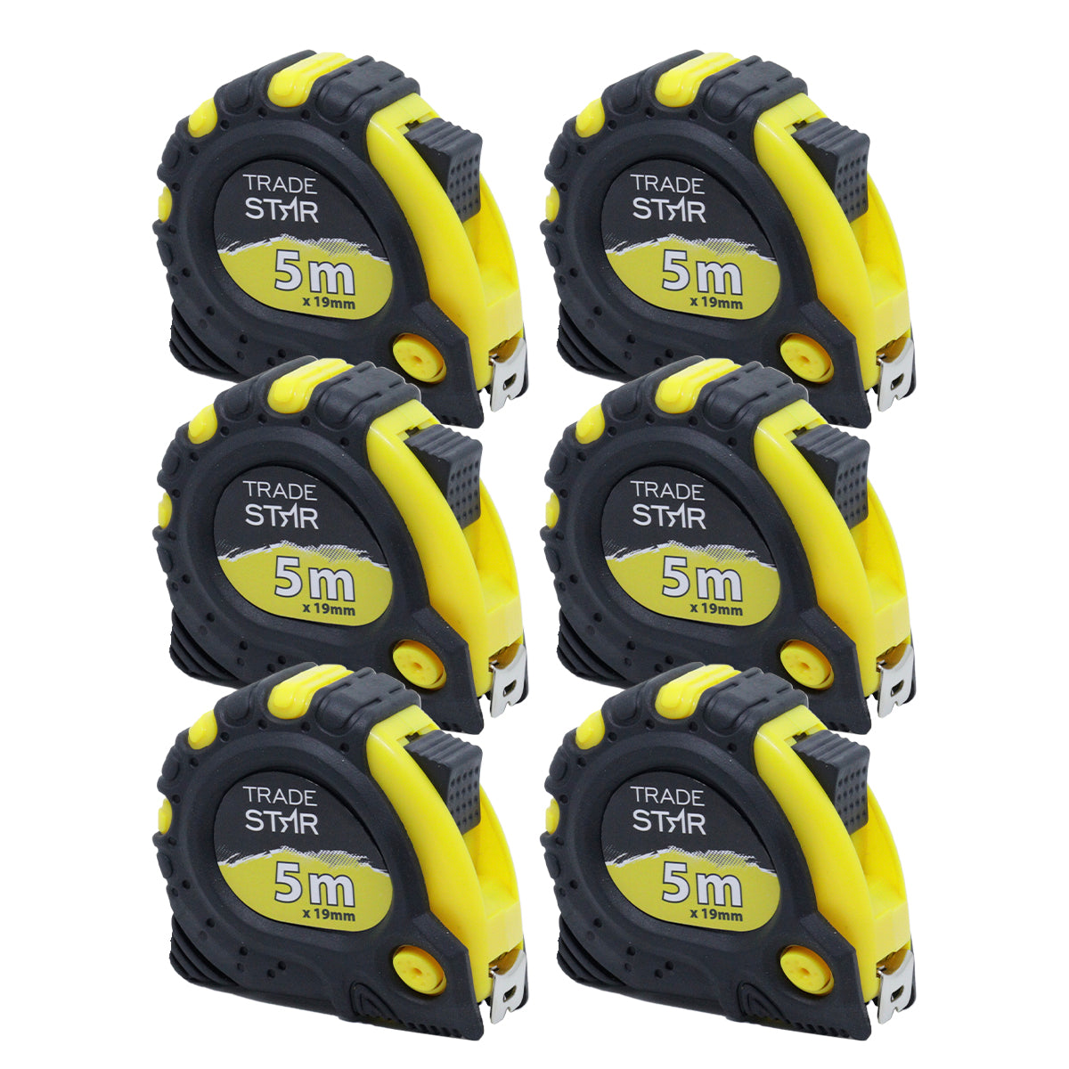 Kit com 6 Trenas Profissionais Emborrachadas Tradestar 5mx19mm com 3 travas e fita de aço, ideal para construção civil, marcenaria e uso geral. Ferramenta de medição precisa e durável, com corpo emborrachado para maior conforto e segurança.