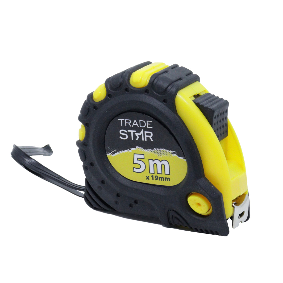 Kit com 6 Trenas Profissionais Emborrachadas Tradestar 5m x 19mm, com 3 travas e fita de aço. Ferramenta ideal para construção civil, marcenaria e uso geral. Trena preta e amarela com logotipo Tradestar e especificações de tamanho.