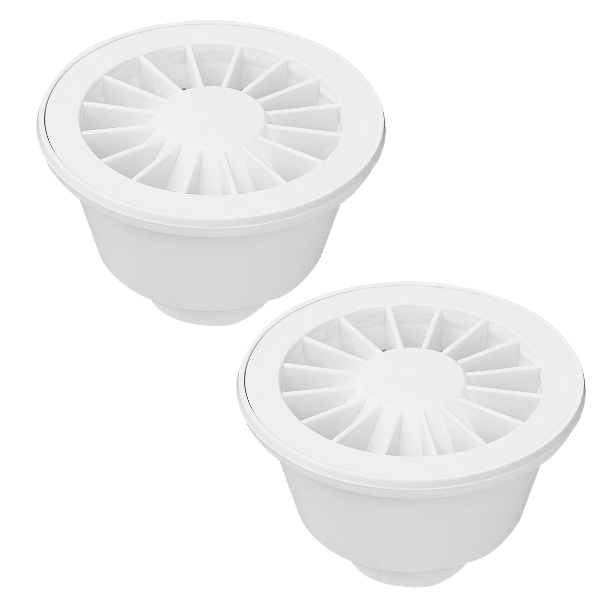 Kit com 2 ralos sifonados redondos brancos com grelha para saída de fundo, ideal para drenagem de água em banheiros e cozinhas. Ralo DN40 da Akato, design moderno e eficiente.