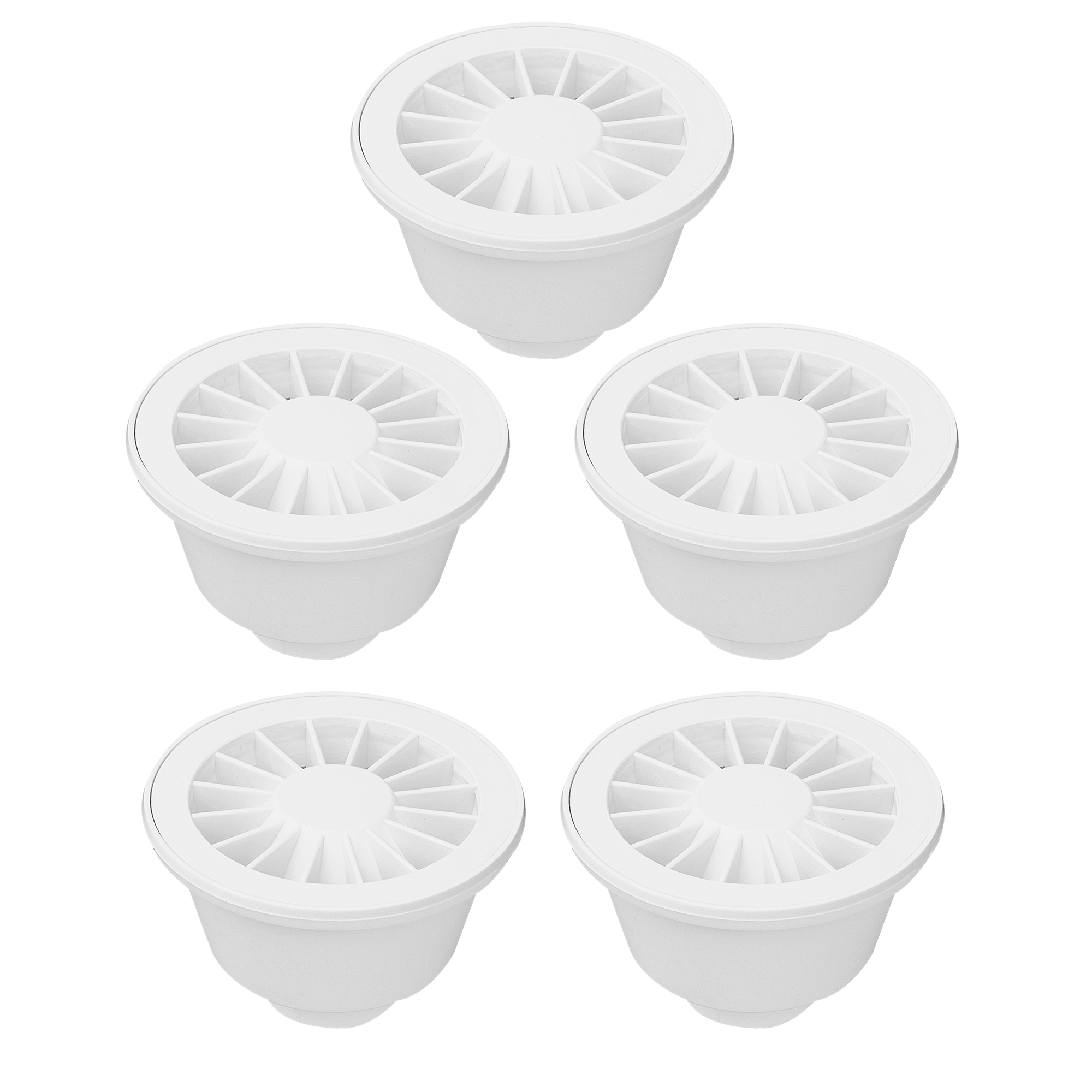 Kit com 5 ralos sifonados redondos com grelha branca e saída de fundo, ideal para drenagem de água em banheiros e cozinhas. Ralos DN40 da Akato, duráveis e com design elegante.