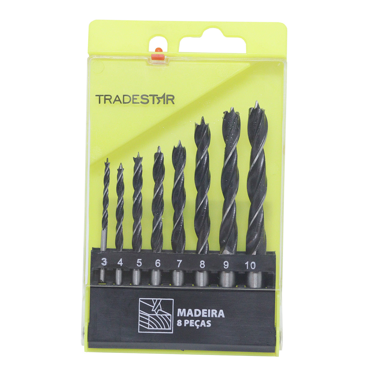 Jogo de Brocas para Madeira Tradestar com 48 peças, pontas de aço carbono e design de 3 pontas. Ideal para perfuração precisa em madeira, MDF, compensado e aglomerado. Acompanha estojo organizador e tamanhos variados de 3mm a 10mm.