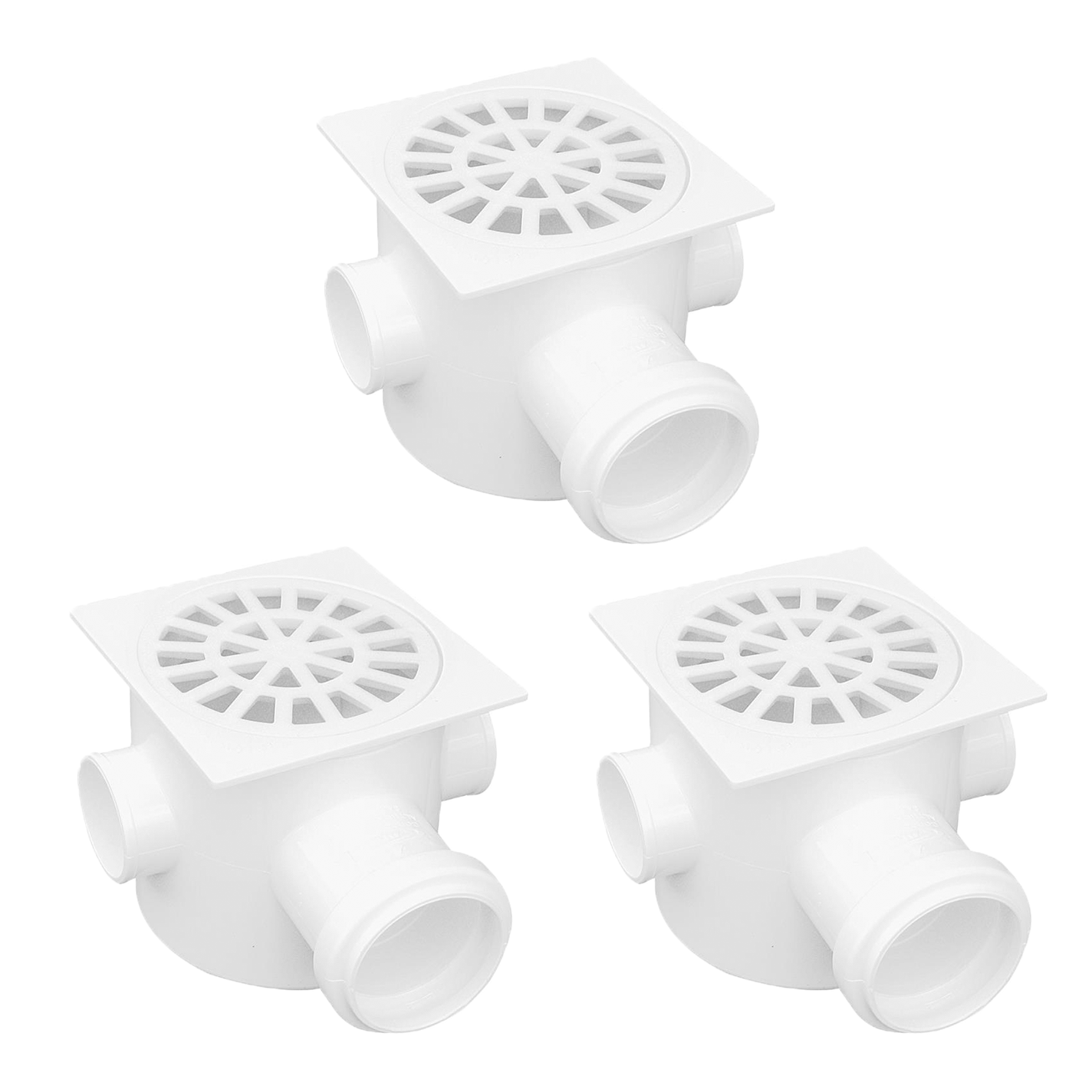 Kit com 3 Caixas Sifonadas DN100 Akato para esgoto, com 3 entradas e saída DN50. Ideal para instalações hidráulicas, garantindo durabilidade e eficiência no sistema de esgoto. Produto original, novo e com garantia.