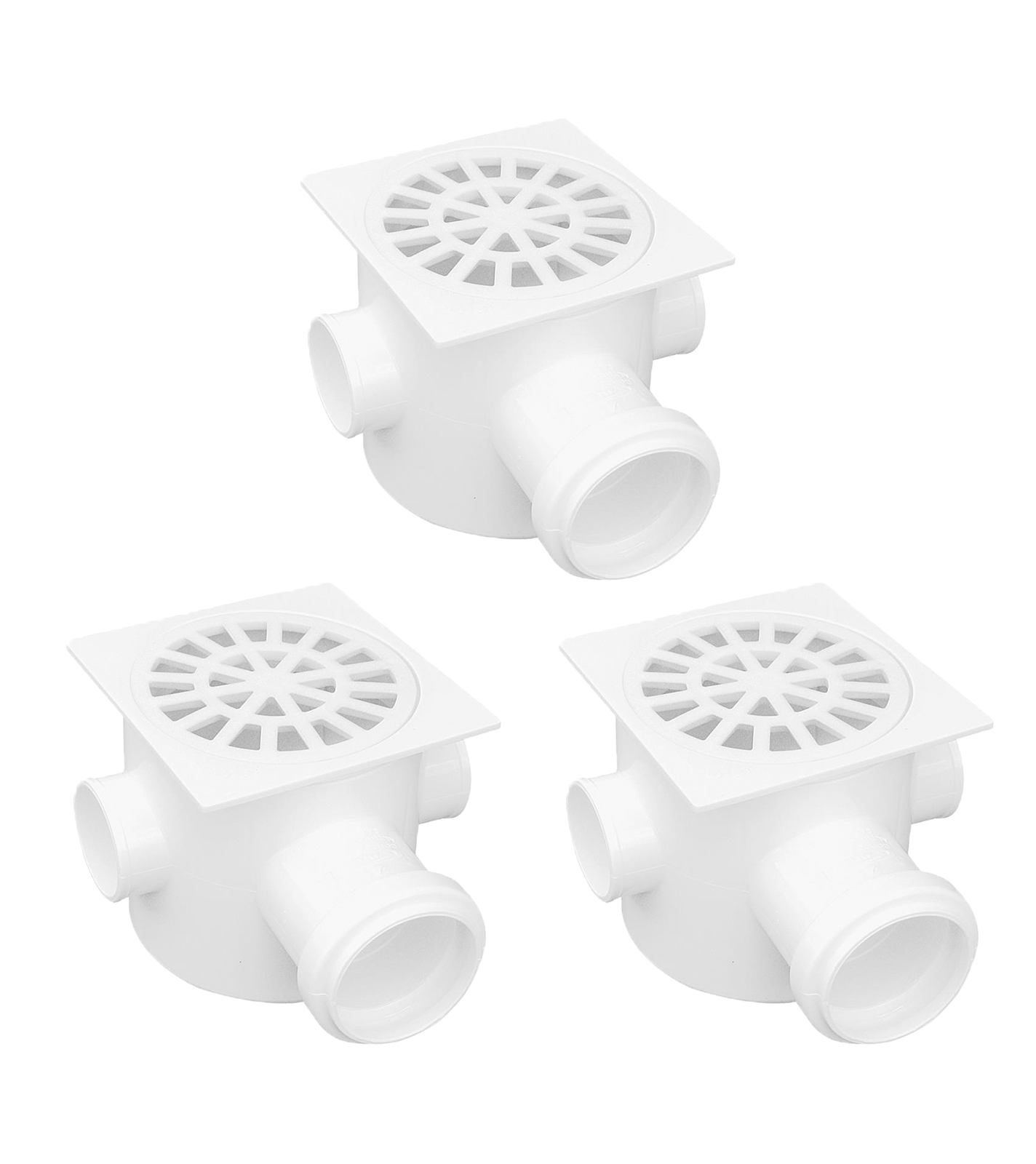 Kit com 3 Caixas Sifonadas DN100 Akato para esgoto, com 3 entradas e saída DN50. Ideal para instalações hidráulicas, garantindo durabilidade e eficiência no sistema de esgoto. Produto original, novo e com garantia.