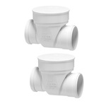 Kit com 2 Válvulas de Retenção DN100 Akato para sistemas de esgoto e drenagem. Válvulas brancas, com design que impede o refluxo de água, garantindo fluxo unidirecional. Produto original, novo, com garantia e envio imediato.