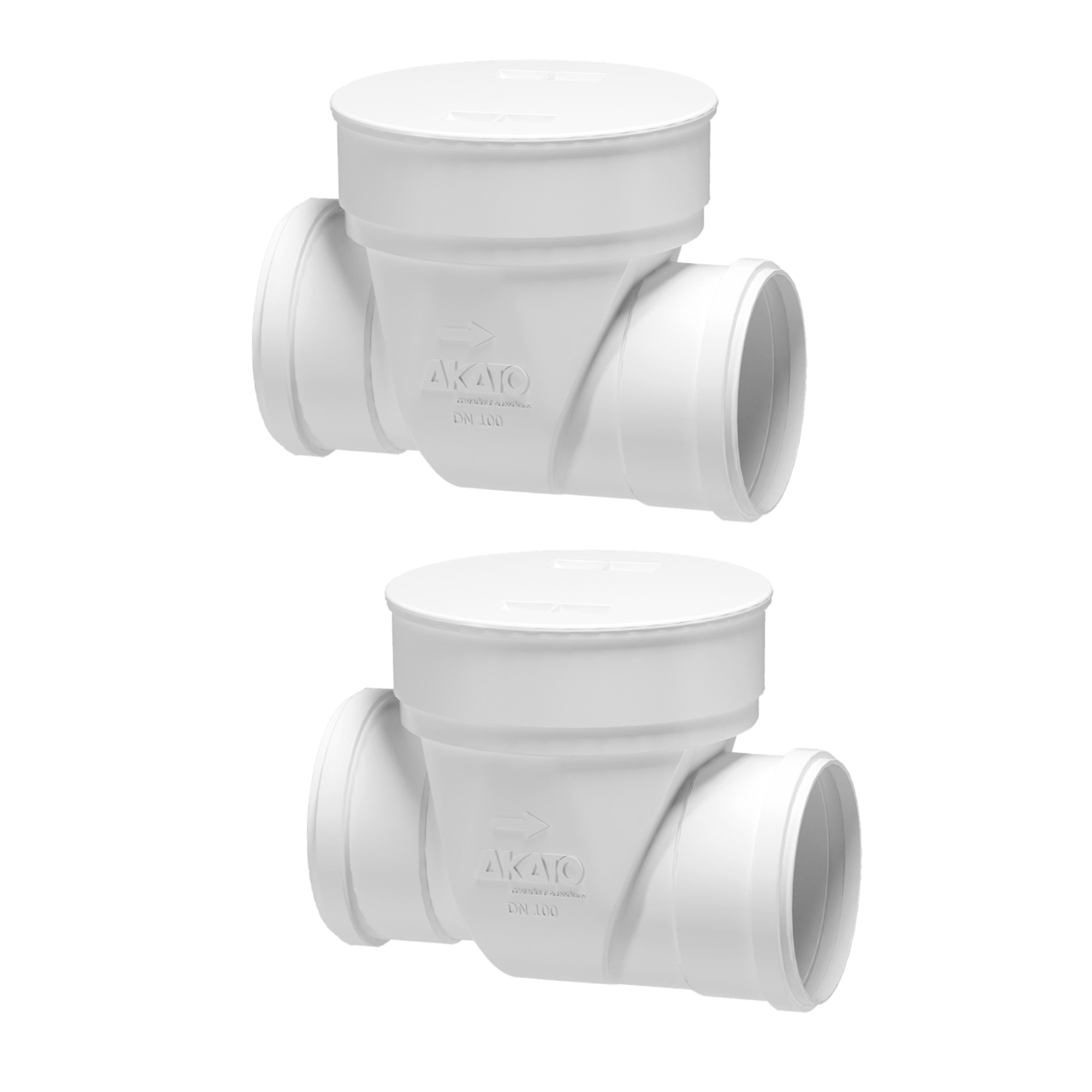 Kit com 2 Válvulas de Retenção DN100 Akato para sistemas de esgoto e drenagem. Válvulas brancas, com design que impede o refluxo de água, garantindo fluxo unidirecional. Produto original, novo, com garantia e envio imediato.
