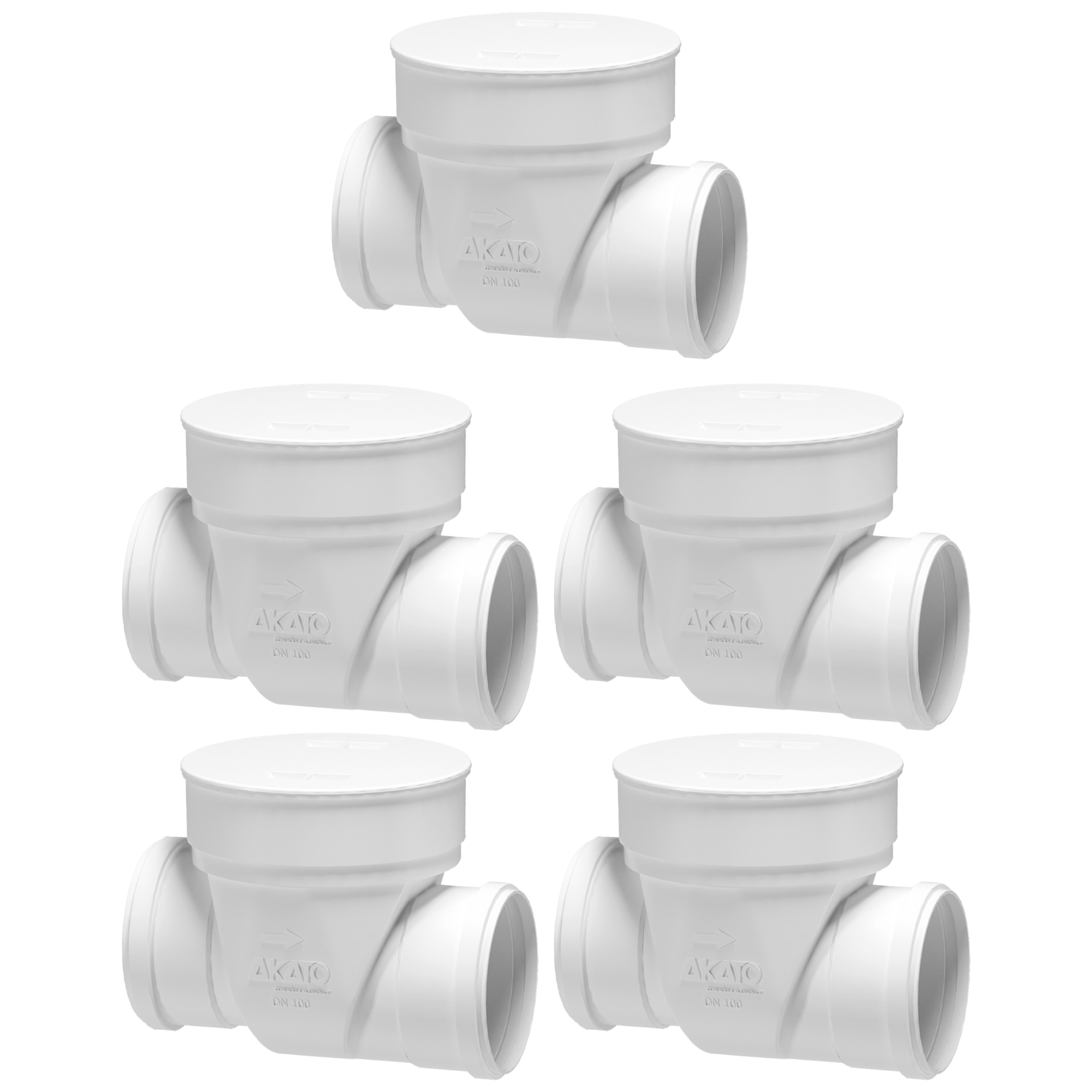 Kit com 5 Válvulas de Retenção DN100 Akato para sistemas de esgoto e drenagem. Válvulas brancas, resistentes e duráveis, com design que facilita a instalação e manutenção. Previne refluxo de água, garantindo fluxo unidirecional. Ideal para instalações hidráulicas. Produto original, novo e com garantia.