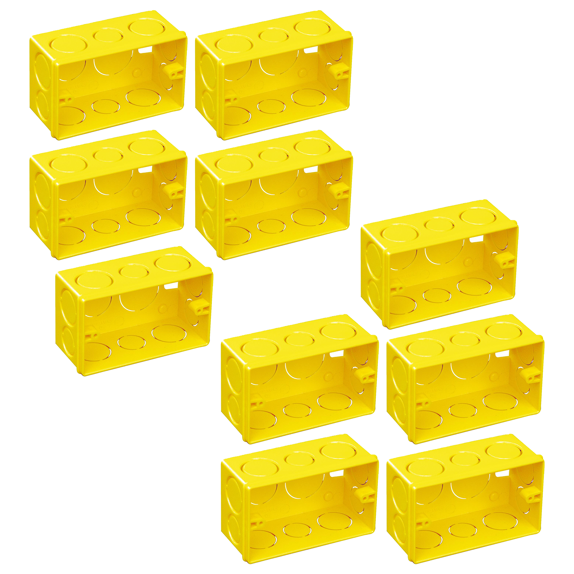 Kit com 10 caixas de luz 4x2 amarelas para embutir em paredes, ideal para instalações elétricas residenciais e comerciais. Produto original, novo e com garantia.