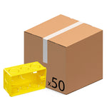 Kit com 50 caixas de luz 4x2 amarelas para embutir, ideal para instalações elétricas residenciais e comerciais. Inclui caixa individual amarela e caixa de transporte com indicação de 50 unidades.