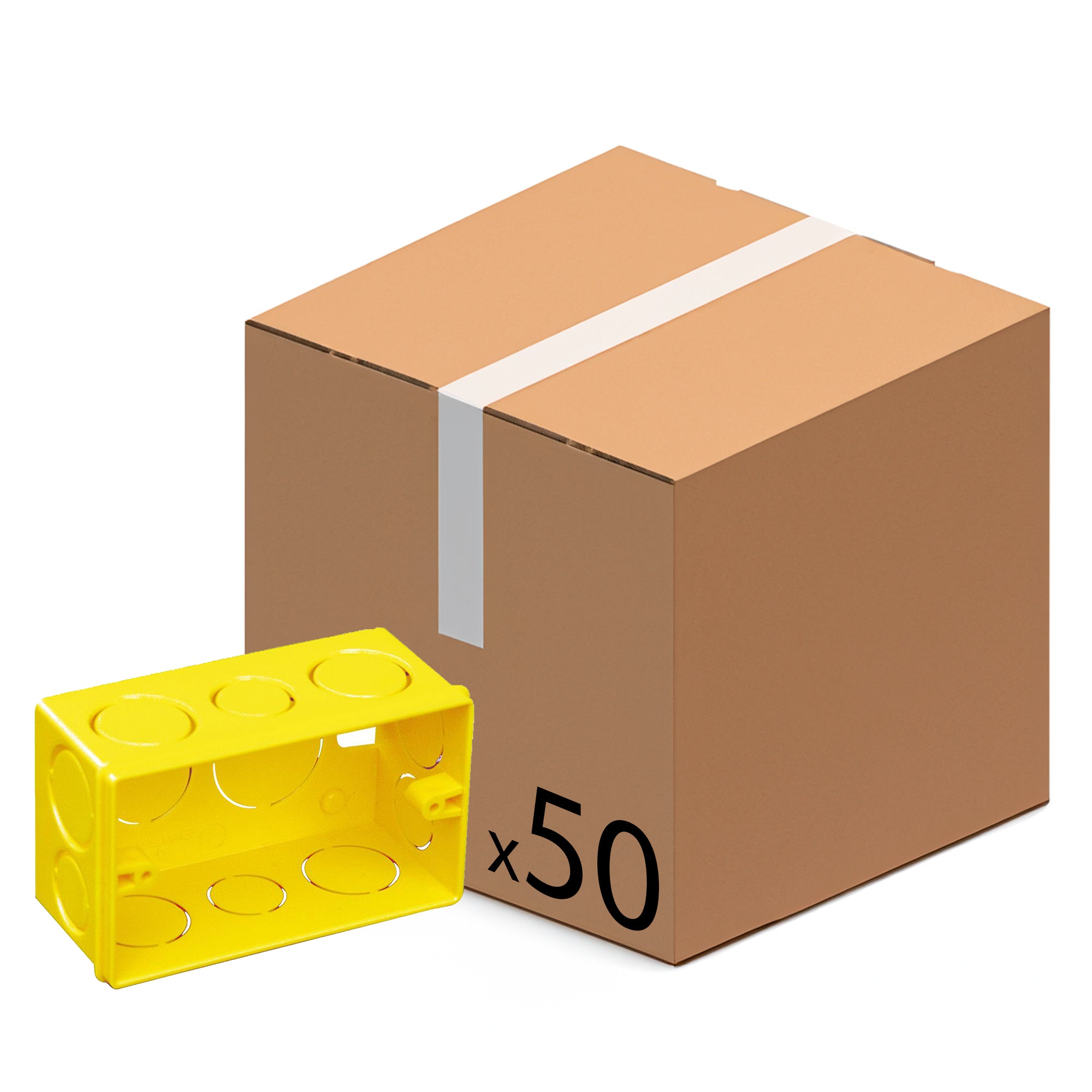 Kit com 50 caixas de luz 4x2 amarelas para embutir, ideal para instalações elétricas residenciais e comerciais. Inclui caixa individual amarela e caixa de transporte com indicação de 50 unidades.