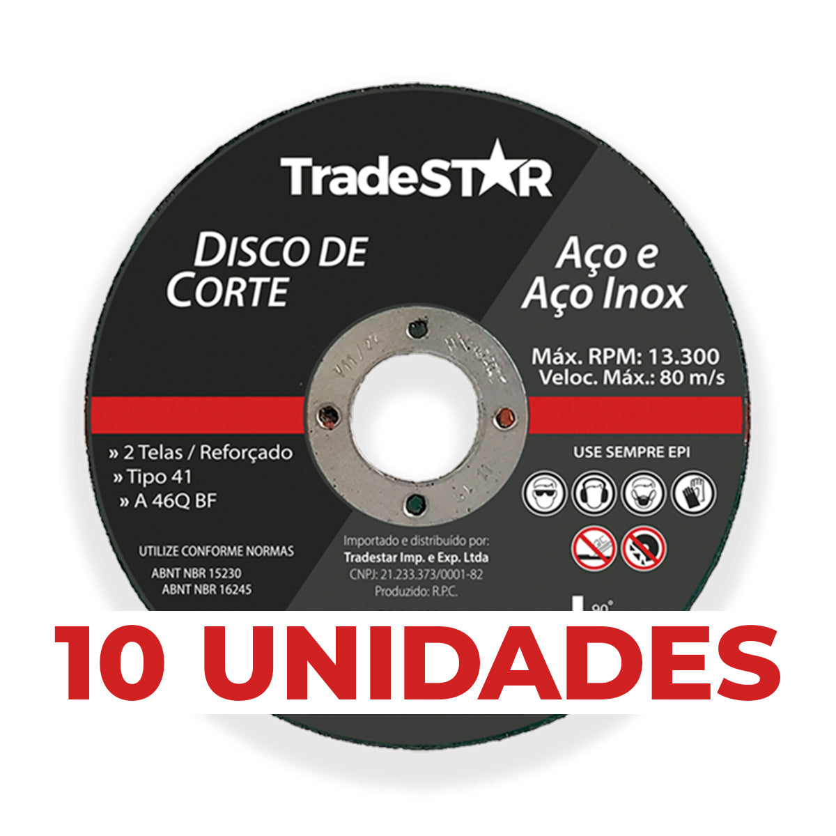 Disco de Corte Fino Inox 4.1/2 x 1,0 mm Tradestar com 10 unidades, ideal para cortes precisos em aço inox, ferro e outros metais. Disco abrasivo para esmerilhadeira, corte rápido e eficiente.