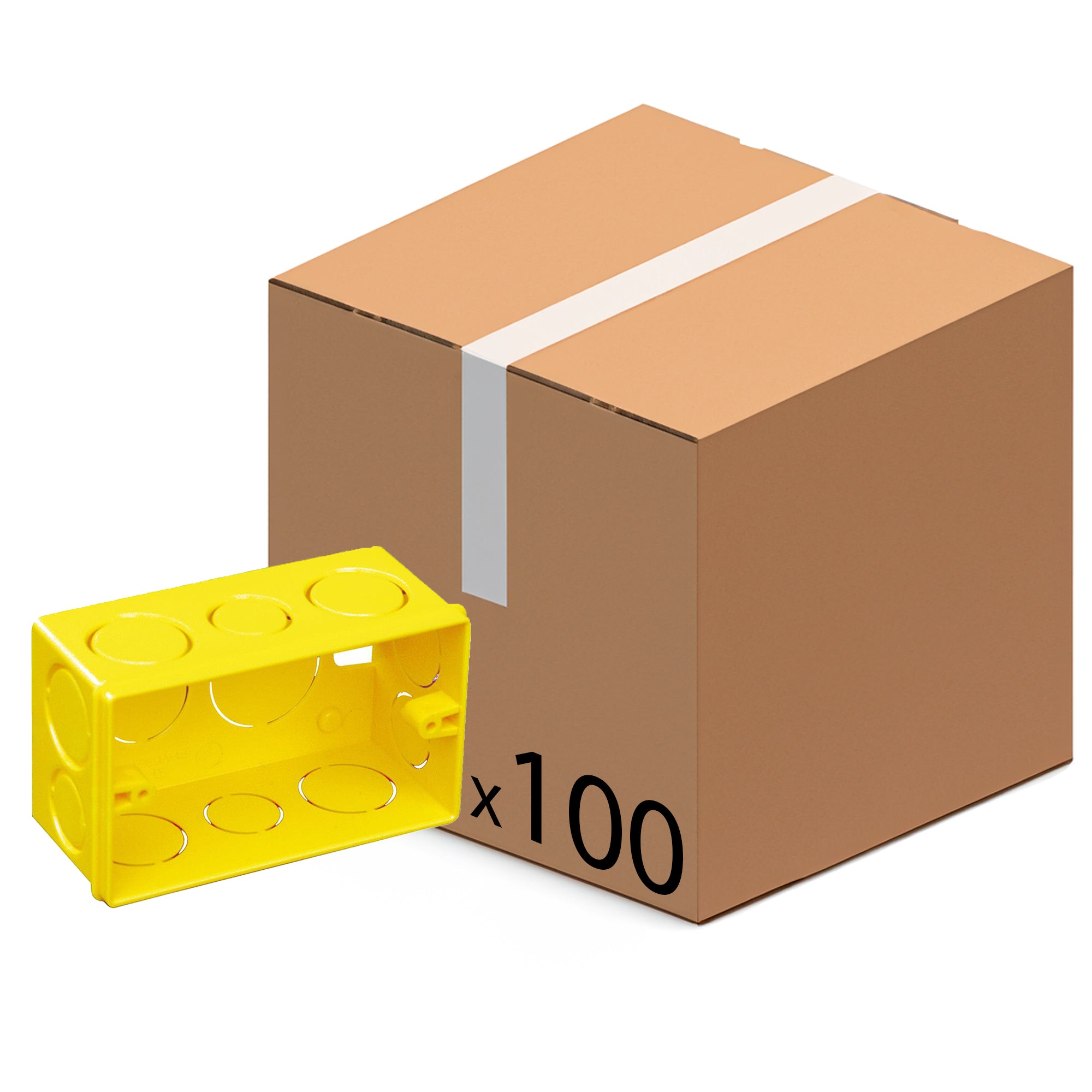 Kit com 100 caixas de luz 4x2 amarelas para embutir. Ideal para instalações elétricas residenciais e comerciais. Produto novo, original e com garantia.