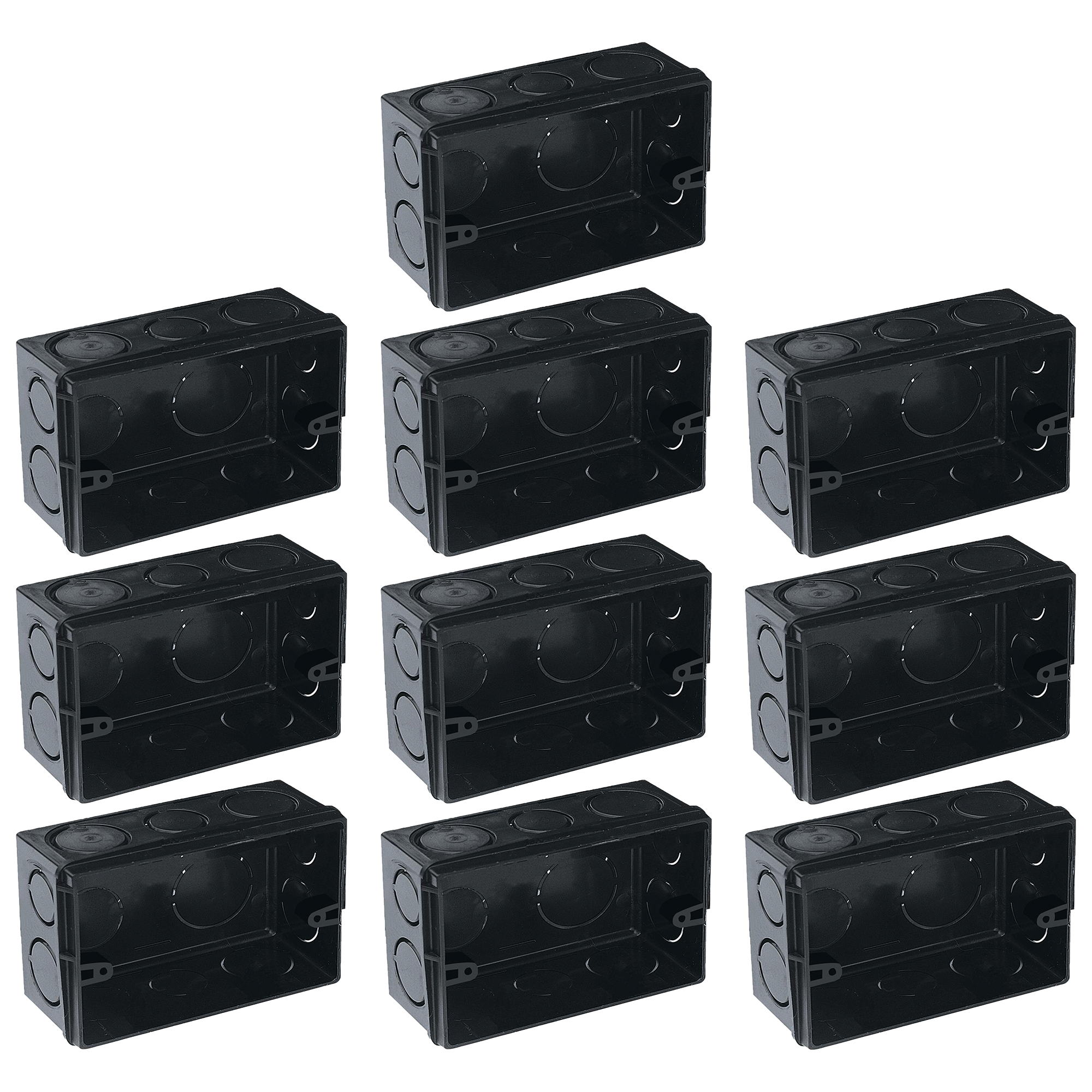 Kit com 10 caixas de luz 4x2 para embutir na cor preta, ideal para instalações elétricas residenciais e comerciais. Garante um acabamento discreto e seguro para interruptores e tomadas. Produto original, novo, com garantia e envio imediato.