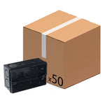 Kit com 50 caixas de luz 4x2 embutir pretas. Caixas de instalação elétrica para interruptores e tomadas, ideais para projetos residenciais e comerciais. Embalagem com 50 unidades e caixa de papelão ao fundo.
