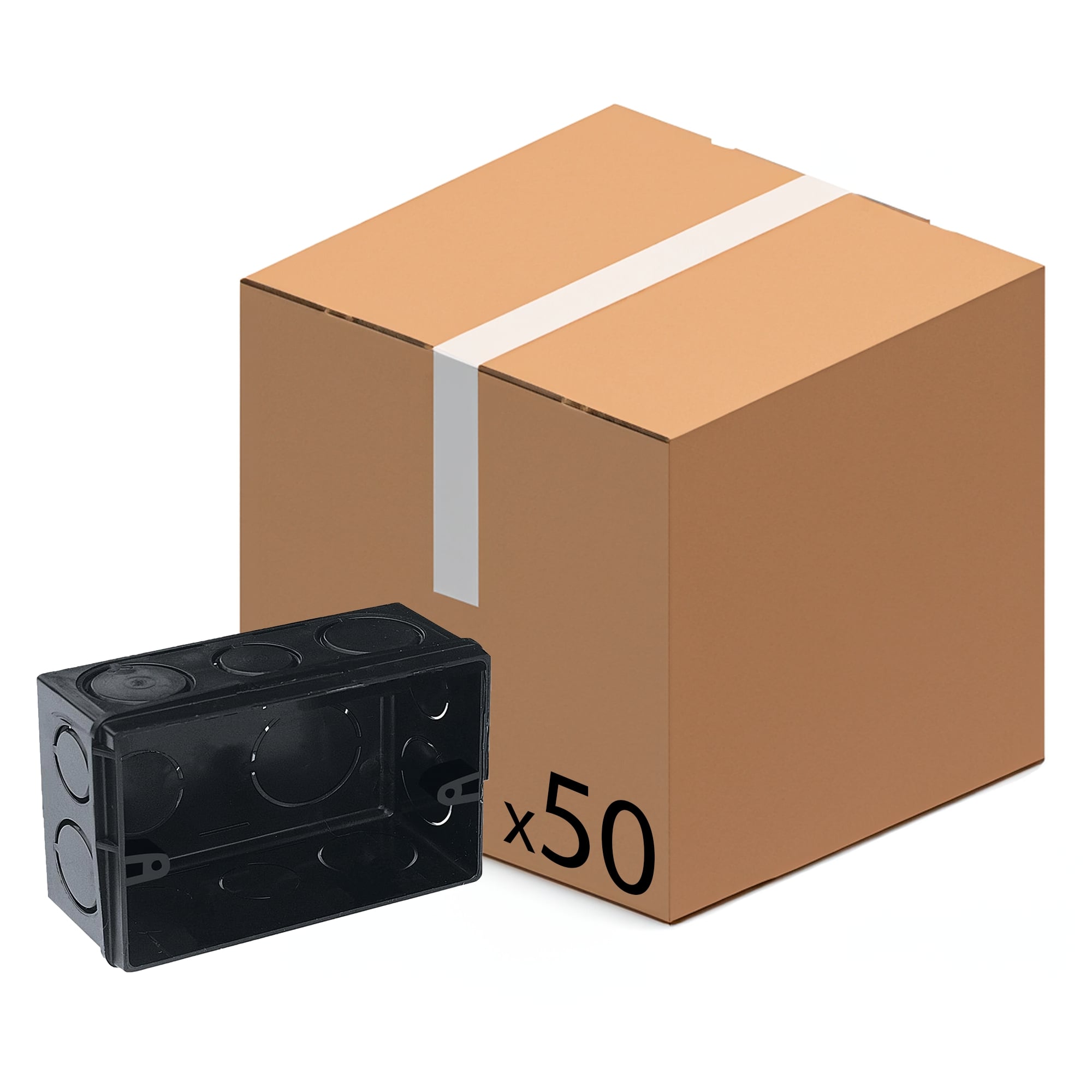 Kit com 50 caixas de luz 4x2 embutir pretas. Caixas de instalação elétrica para interruptores e tomadas, ideais para projetos residenciais e comerciais. Embalagem com 50 unidades e caixa de papelão ao fundo.