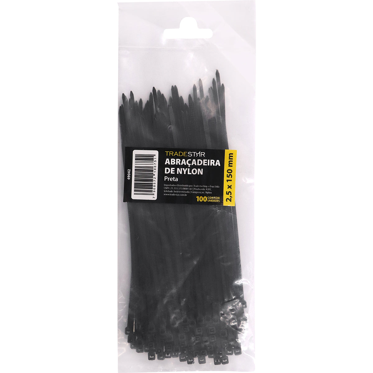 Abraçadeira de nylon preta Tradestar 2,5x150mm, pacote com 500 unidades, ideal para organizar e fixar cabos e fios em eletrônica, construção civil e automotivo. Durável, versátil e fácil de usar.