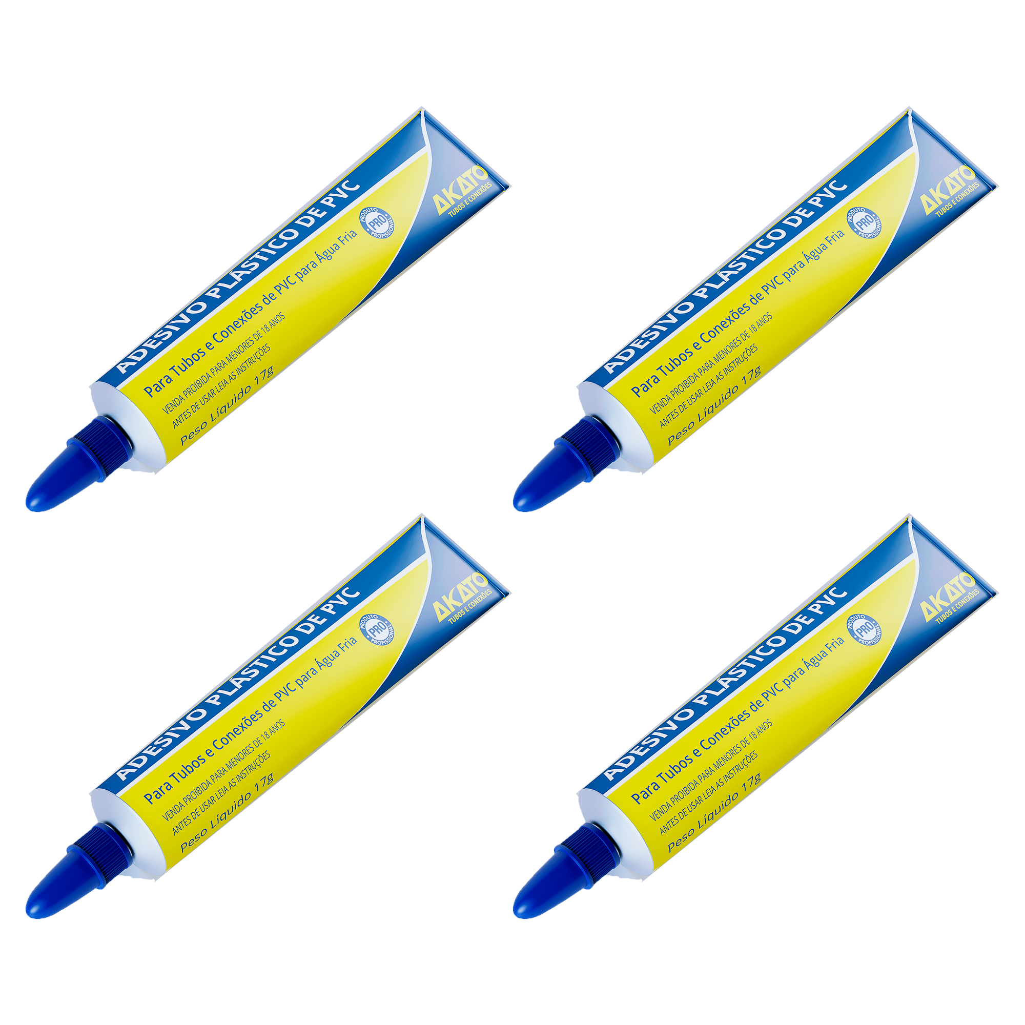 Kit com 4 bisnagas de cola adesivo plástico para PVC Akato 17g, ideal para tubos e conexões de água fria. Adesivo de alta performance, fácil de aplicar e com garantia. Perfeito para projetos de encanamento e reparos domésticos.