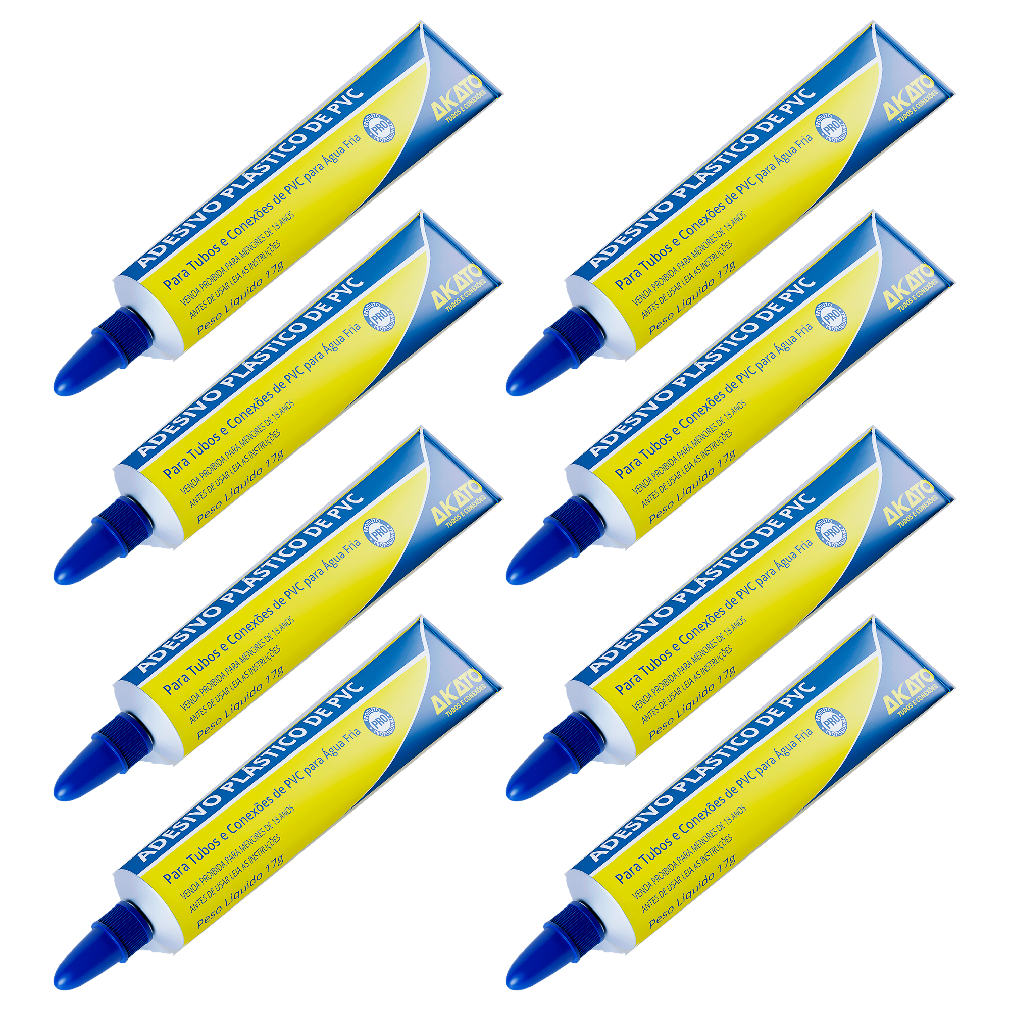 Kit com 8 bisnagas de cola adesivo plástico para PVC Akato 17g, ideal para tubos e conexões de água fria. Adesivo de alta performance, fácil de aplicar e com garantia de qualidade.