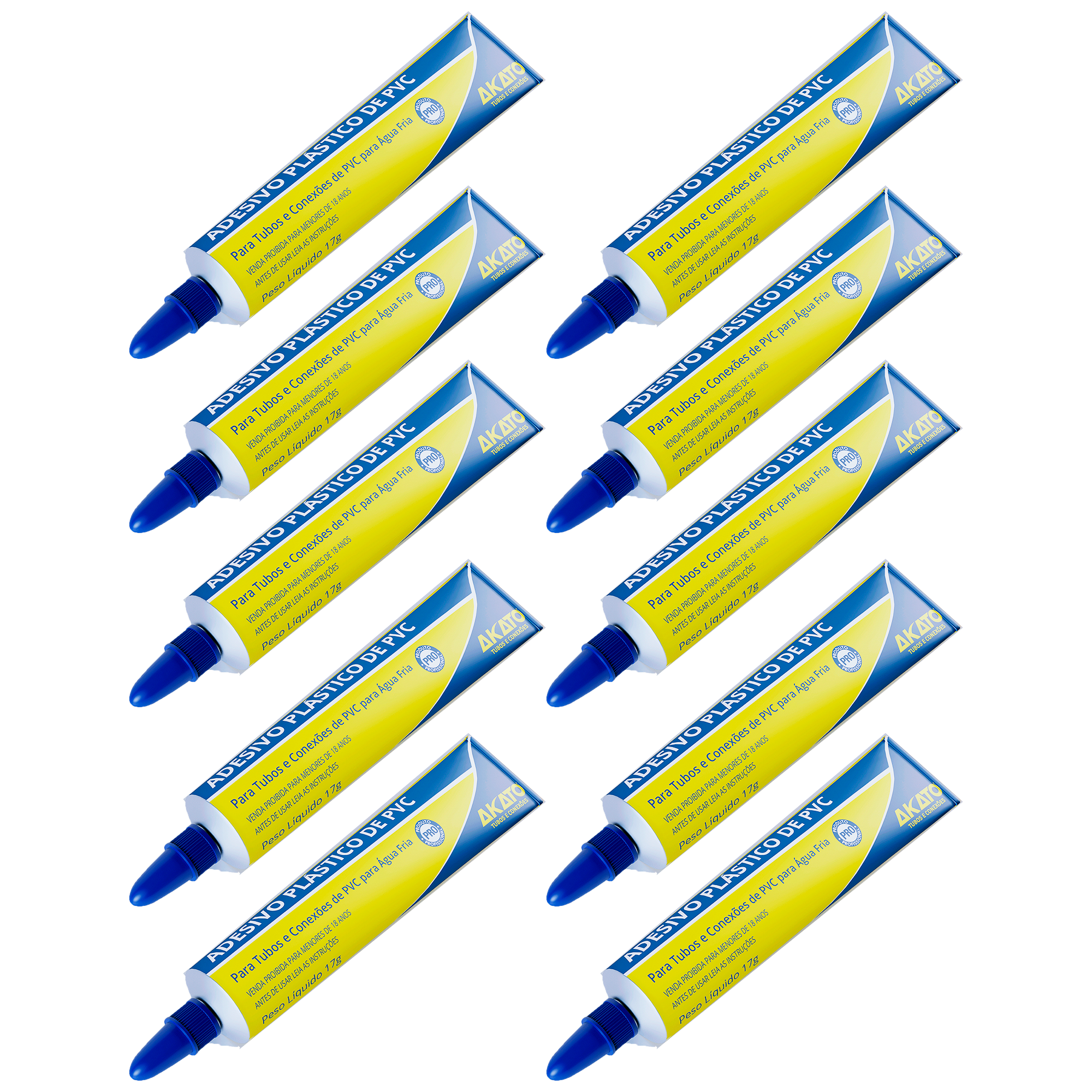 Kit com 10 bisnagas de cola adesivo plástico para PVC Akato 17g, ideal para tubos e conexões de água fria. Adesivo de alta performance, fácil de aplicar, com garantia e envio imediato. Perfeito para projetos de encanamento e reparos em PVC.