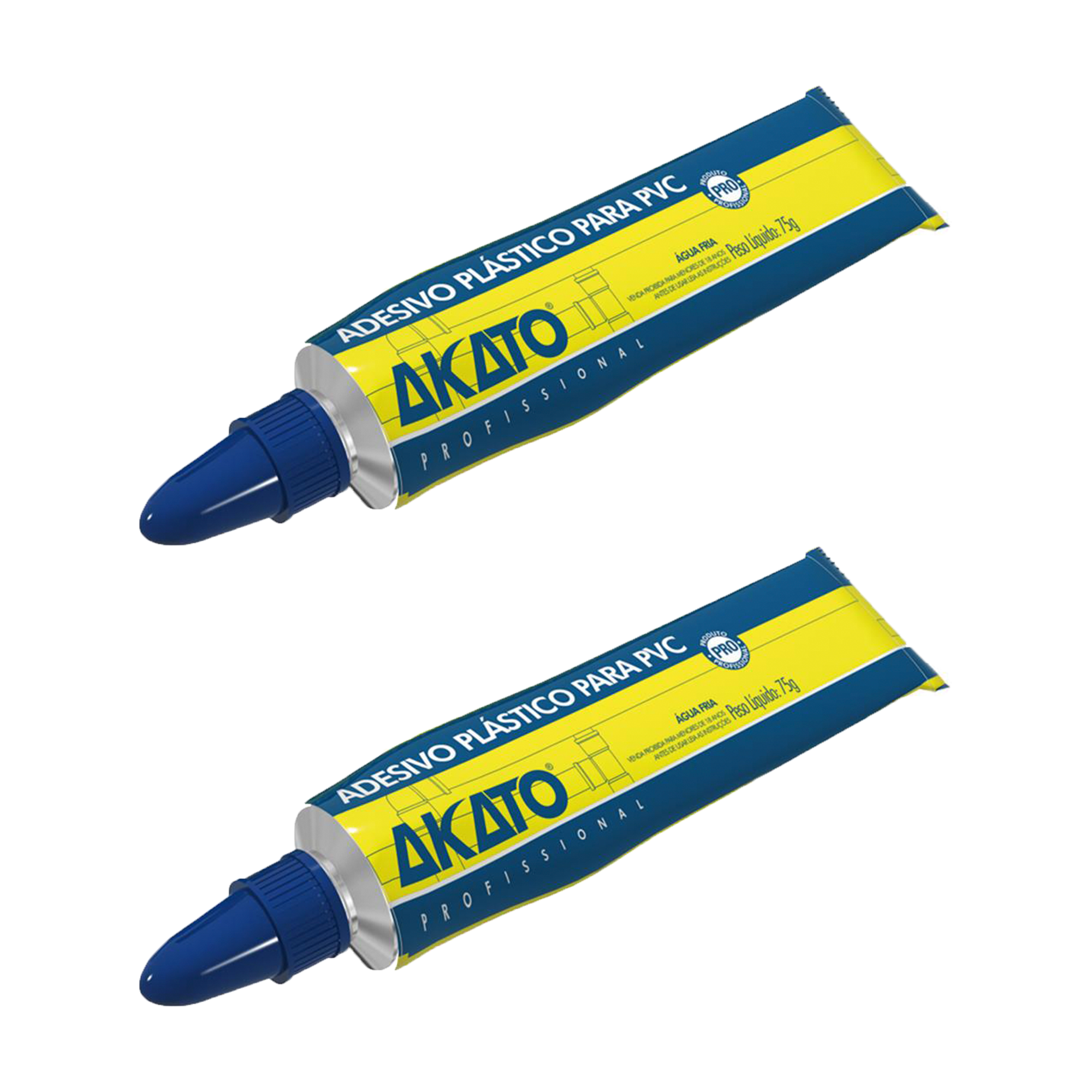 Kit com 2 colas adesivas plásticas para PVC Akato em bisnaga de 75g. Adesivo profissional para colagem de tubos e conexões de PVC, ideal para reparos e projetos de construção. Produto original, com garantia e envio imediato.