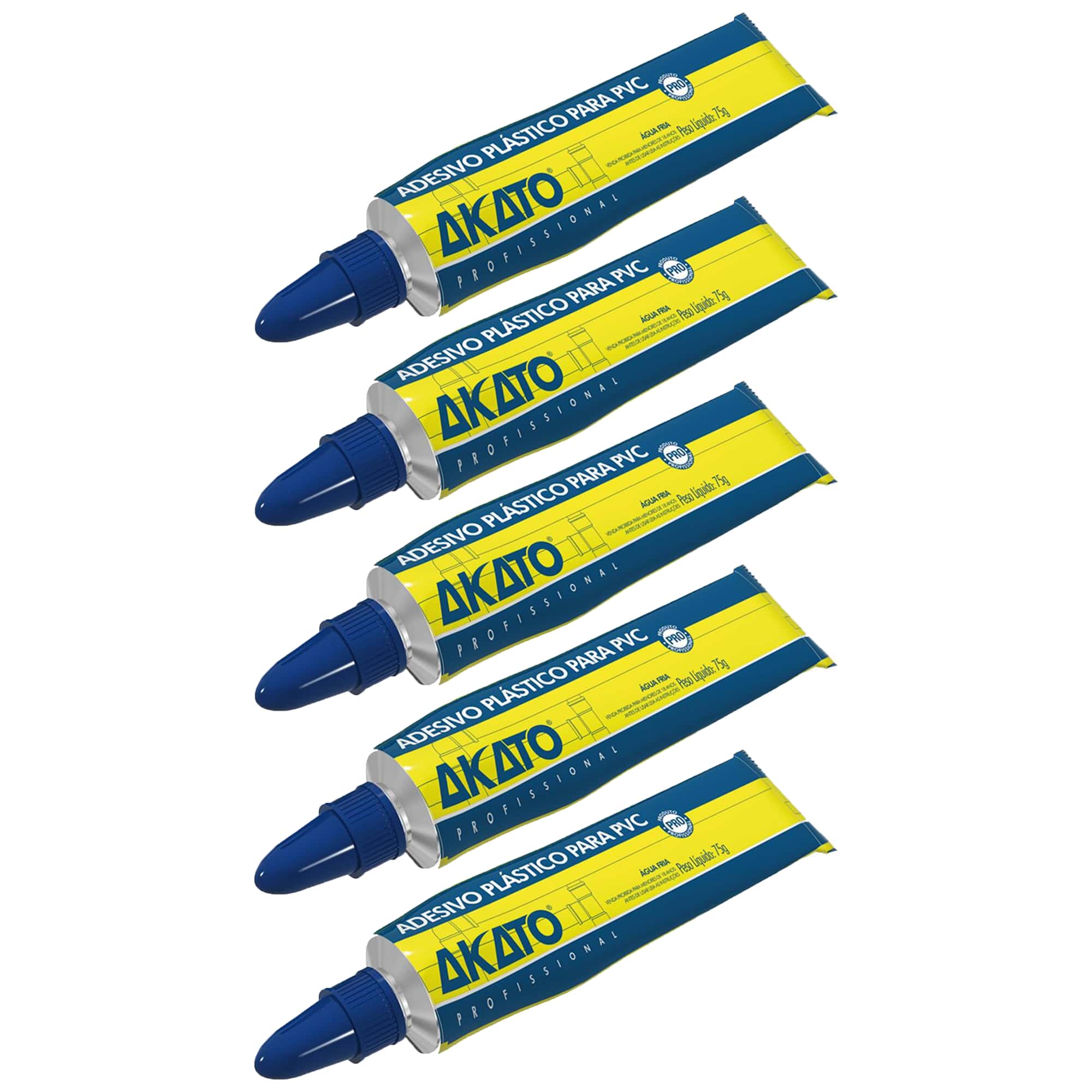 Kit com 5 bisnagas de cola adesivo plástico para PVC Akato 75g, ideal para colagem de tubos e conexões em projetos de construção e reparos. Adesivo de alta resistência, fácil aplicação e secagem rápida. Produto original, com garantia e envio imediato.