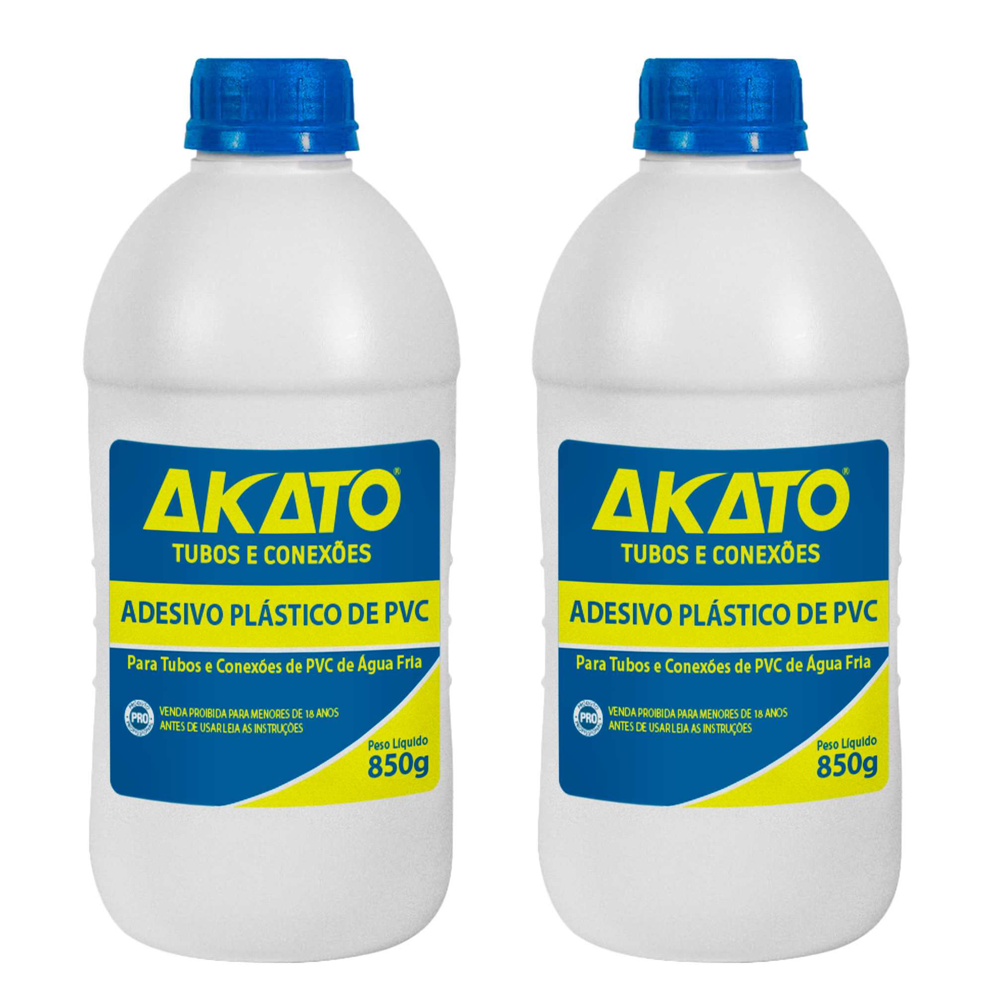 Kit com 2 frascos de cola adesivo plástico para PVC Akato de 850g cada, ideal para tubos e conexões de água fria. Adesivo de alta resistência, perfeito para projetos de encanamento e construção. Produto original, com garantia e envio imediato.