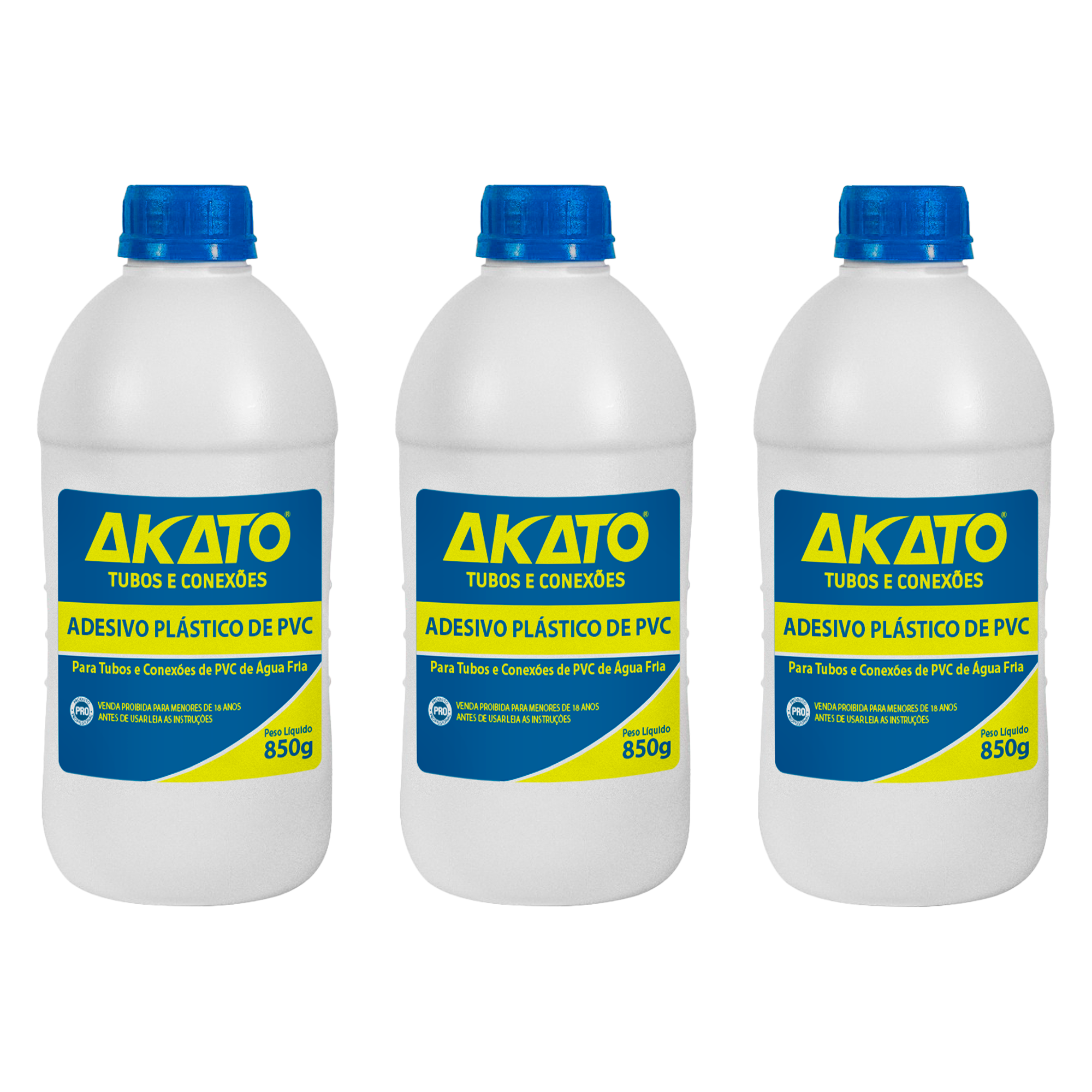 Kit com 3 colas adesivas plásticas para PVC Akato em frascos de 850g. Adesivo ideal para tubos e conexões de PVC de água fria. Produto original, com garantia e envio imediato.