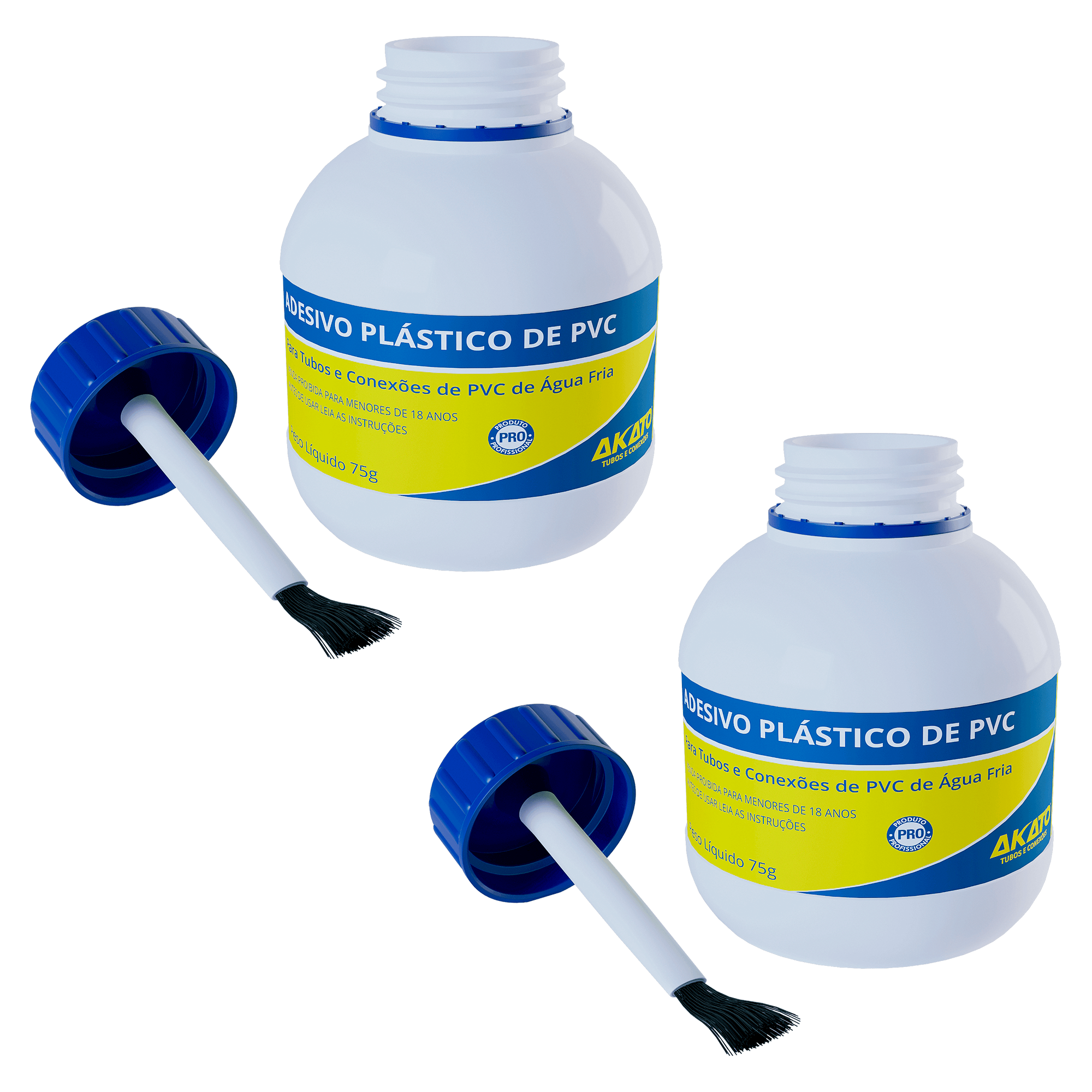 Kit c/ 2 Cola Adesivo Plástico PVC Akato 75g com pincel para tubos e conexões de água fria. Ideal para projetos de PVC, oferece aplicação precisa e forte aderência. Produto original, com garantia e envio imediato.