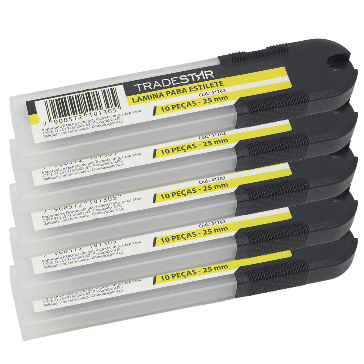 Jogo de Lâminas para Estilete 25mm Tradestar com 50 peças em aço carbono, ideal para cortes precisos em diversos materiais como papelão, drywall, plástico, couro e tecidos. Lâminas largas de alta durabilidade e compatíveis com estiletes de 25mm. Perfeito para uso profissional e doméstico.