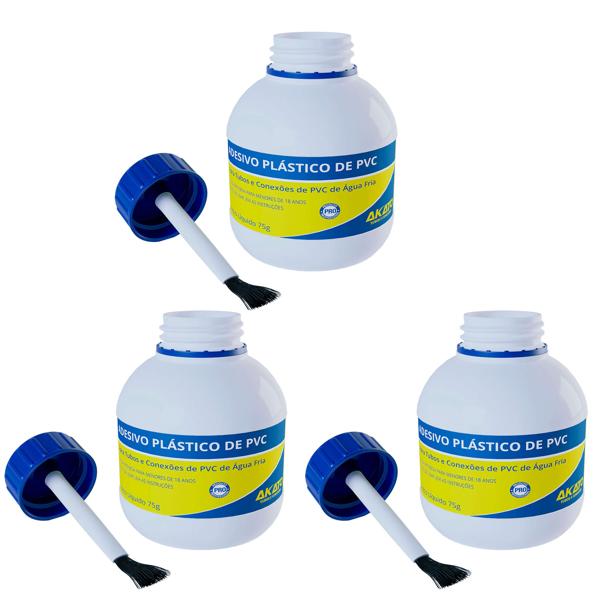 Kit com 3 colas adesivas de plástico PVC Akato em frasco com pincel, 75g. Ideal para tubos e conexões de PVC de água fria. Adesivo de alta qualidade para projetos de encanamento e reparos domésticos. Produto original, com garantia e envio imediato.