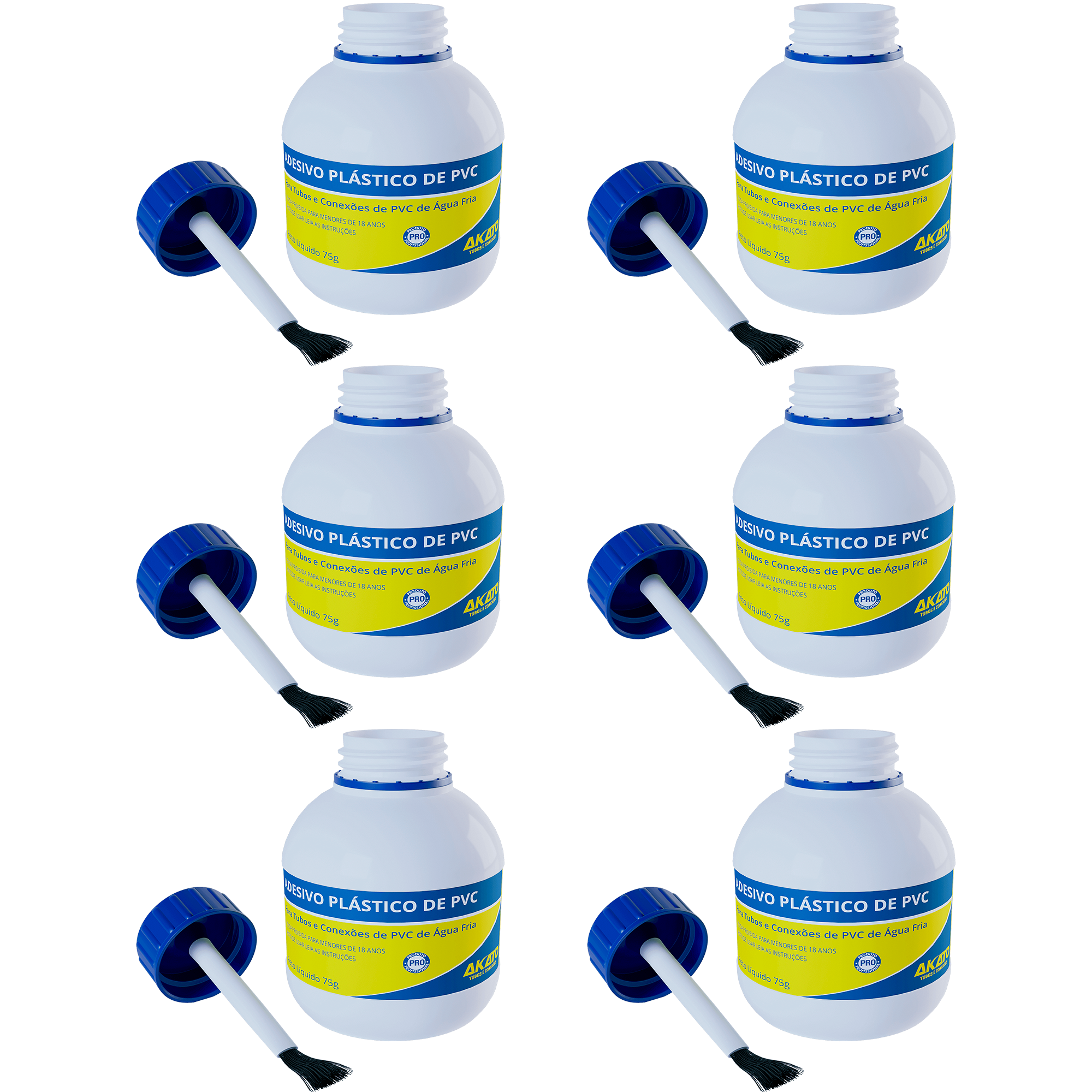 Kit com 6 frascos de cola adesivo plástico PVC Akato de 75g com pincel aplicador, ideal para colagem de tubos e conexões de PVC de água fria. Kit com 6 unidades, produto original, com garantia e envio imediato.