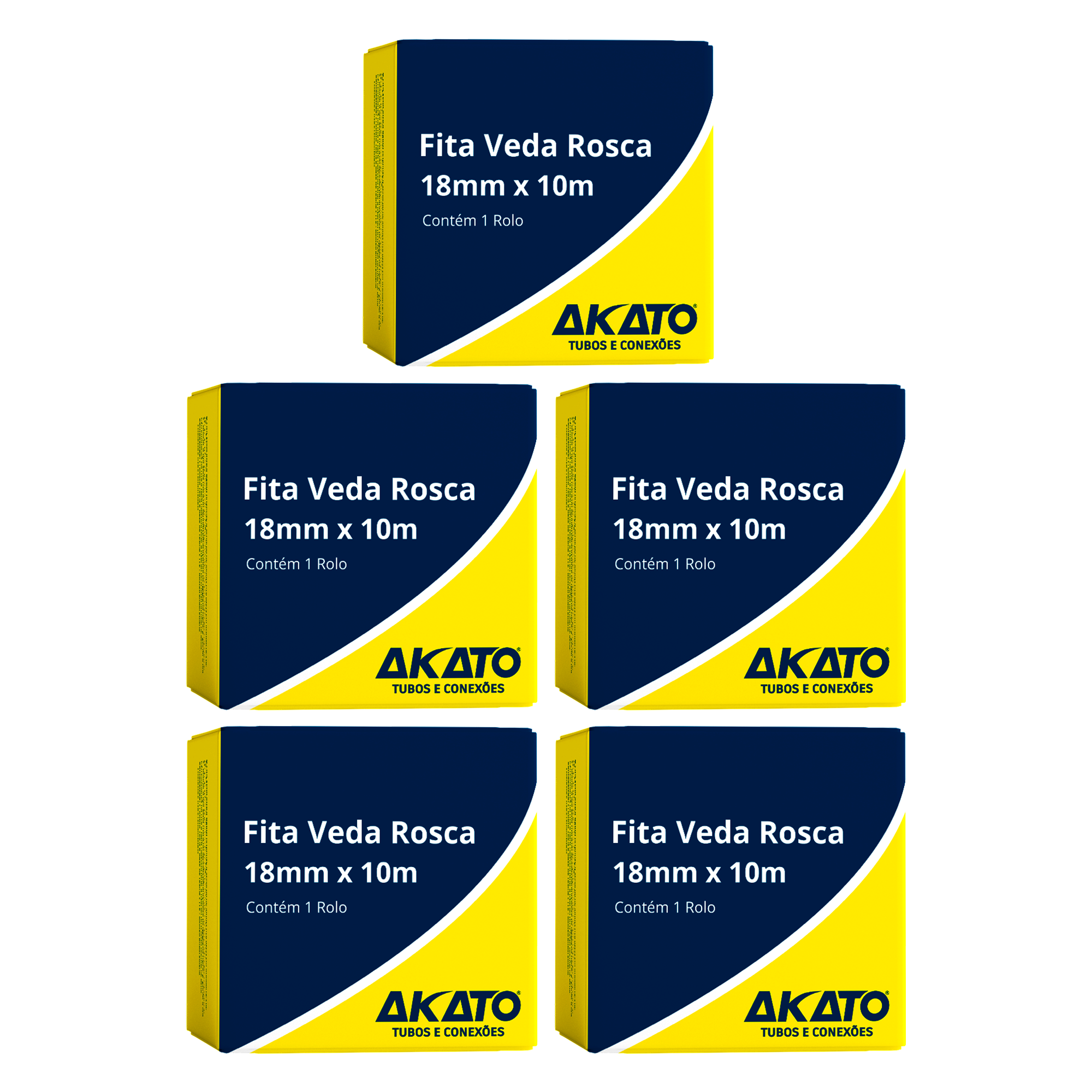 Kit com 5 fitas veda rosca Akato 18mm x 10m, ideal para vedação em instalações hidráulicas e pneumáticas. Produto original, novo e com garantia. Kit com 5 rolos de fita veda rosca Akato, embalagem com fundo amarelo e detalhes em azul, com o logo da marca Akato.