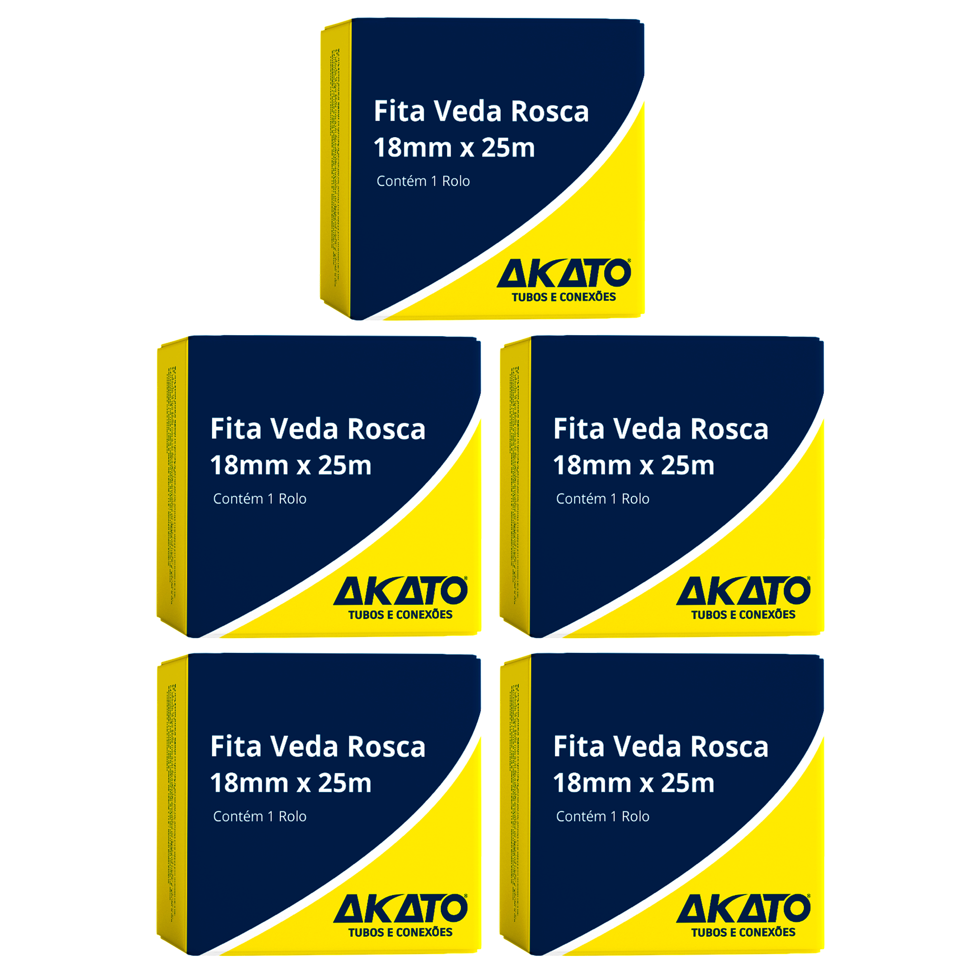 Kit com 5 fitas veda rosca Akato 18mm x 25m, ideal para vedação em instalações hidráulicas e pneumáticas. Produto original, novo e com garantia. Kit com 5 rolos da fita veda rosca Akato, embalagem com fundo azul e detalhes em amarelo, com logo da marca.