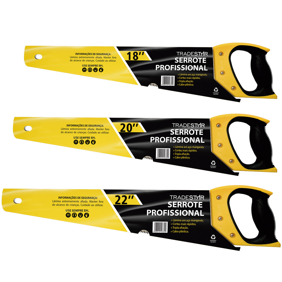 Kit de serrotes Tradestar profissional para madeira, MDF e compensado, com lâminas de 18", 20" e 22" em aço manganês, tripla afiação e cabo plástico ergonômico. Ideal para marceneiros, carpinteiros e projetos DIY. Cortes rápidos, limpos e precisos.