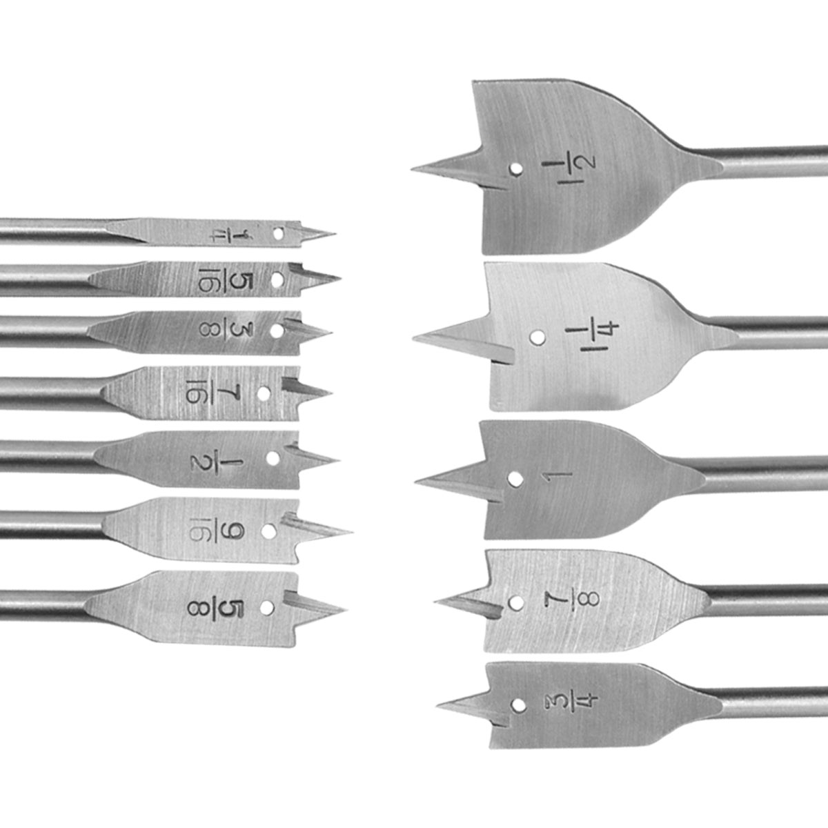Kit de 15 brocas para madeira, incluindo 10 brocas chatas de 1/4" a 1.1/2" e 5 brocas de 3 pontas de 8MM. Ferramentas de alta precisão para marcenaria e uso doméstico, ideais para perfurações precisas em madeira.