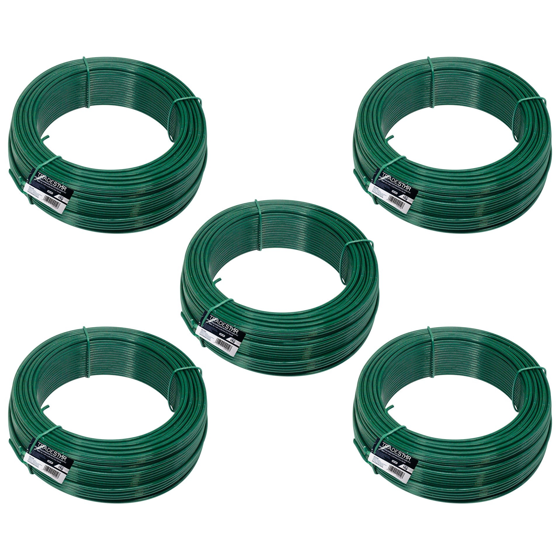 Kit com 5 rolos de arame para tela revestido em PVC verde, 1kg cada, BWG14 (2,11mm). Ideal para diversas aplicações, incluindo instalação de gesso. Arame galvanizado revestido, resistente à corrosão e com longa durabilidade.