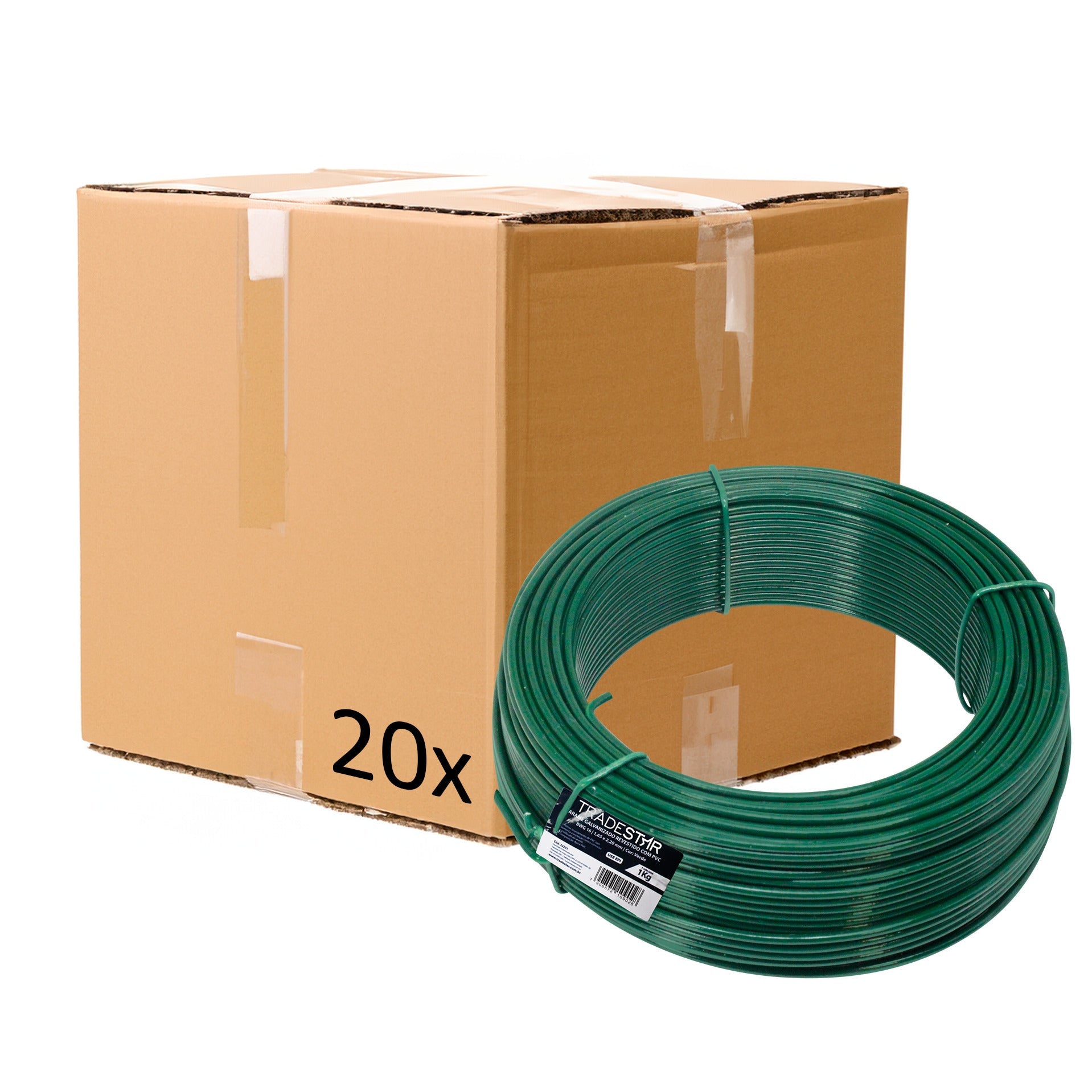Kit com 20 rolos de arame para tela revestido em PVC verde, 1kg cada, BWG14, 2,11mm. Ideal para instalação de gesso e outras aplicações. Arame galvanizado com revestimento que aumenta a proteção e durabilidade. Embalagem com 20kg no total.