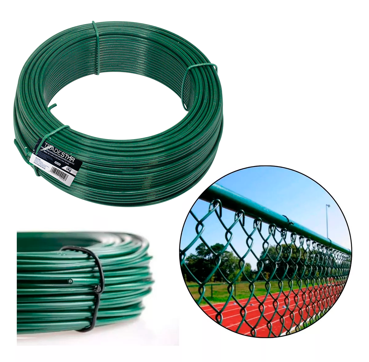 Kit com 20 rolos de arame para tela revestido em PVC verde, 1kg cada, BWG14 (2,11mm). Ideal para instalação de telas de proteção e cercas, com alta durabilidade e resistência à corrosão. Imagem ilustrativa de arame verde em rolo e aplicação em tela de alambrado.