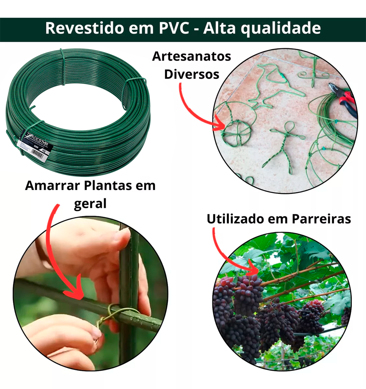 Kit com 20 rolos de arame para tela revestido em PVC verde, ideal para artesanato, amarrar plantas e uso em parreiras. Arame BWG14 de 2,11mm, resistente e durável.
