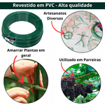 Kit com 20 rolos de arame para tela revestido em PVC verde, ideal para artesanato, amarrar plantas e uso em parreiras. Arame BWG14 de 2,11mm, resistente e durável.