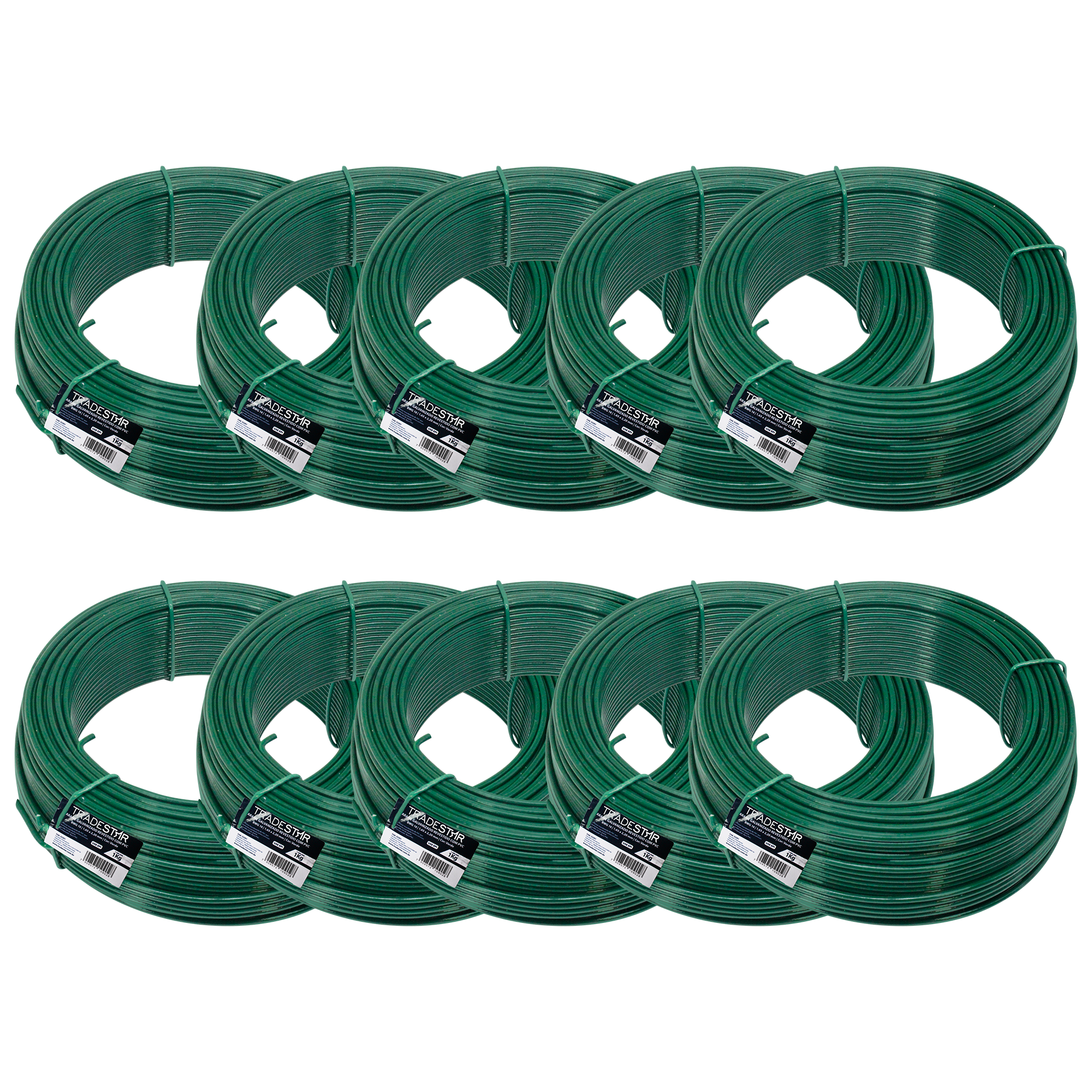 Kit com 10 rolos de arame para tela revestido em PVC verde, 1kg cada, BWG16 (1,65mm). Ideal para instalação de gesso e outras aplicações. Arame galvanizado com revestimento que aumenta a proteção e durabilidade.