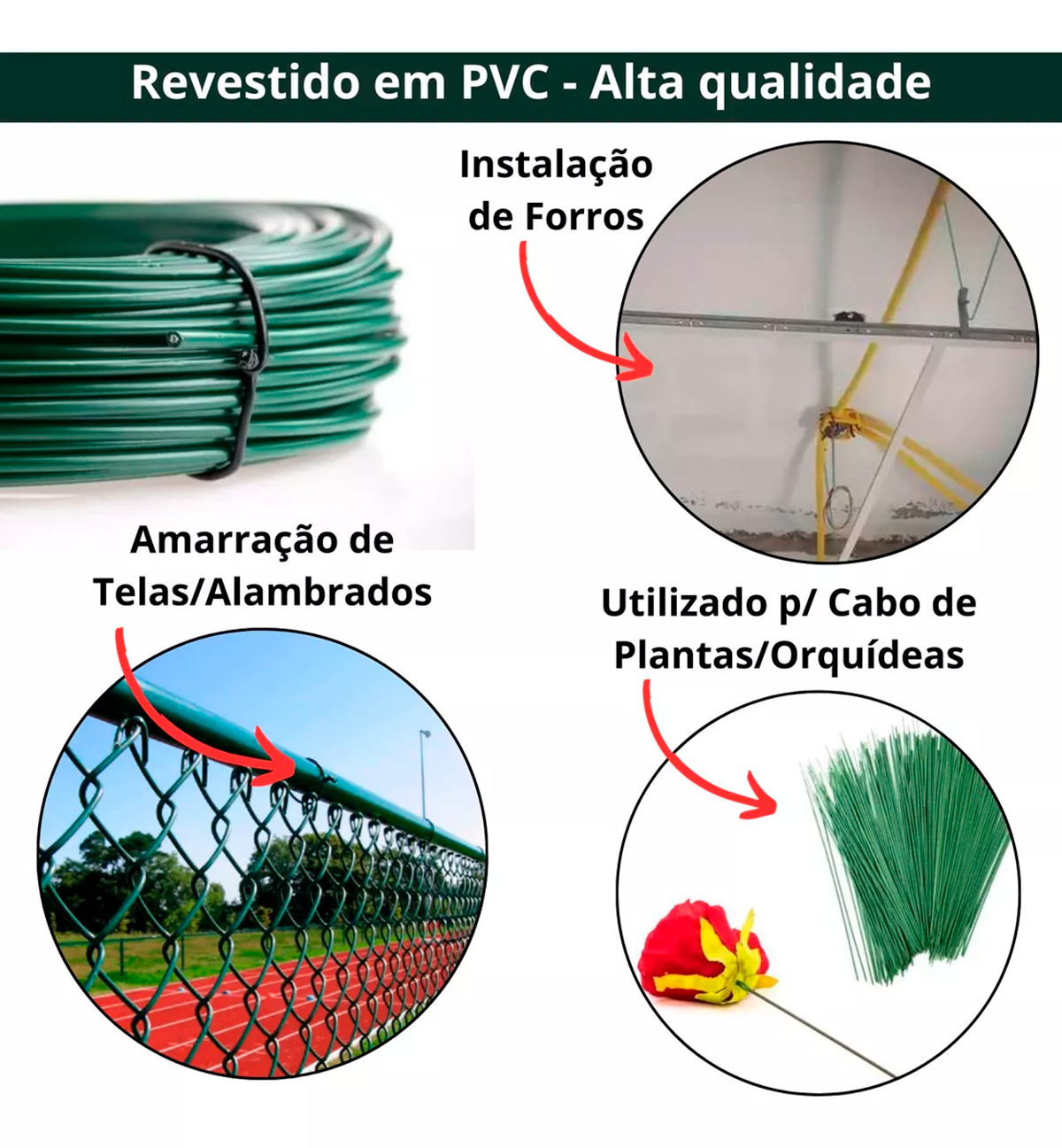 Kit com 25 rolos de arame para tela revestido em PVC verde, ideal para diversas aplicações como amarração de telas e alambrados, instalação de forros e uso em plantas e orquídeas. Arame de alta qualidade, resistente e durável.