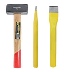 Kit Marreta 1kg Tradestar com cabo de madeira, ponteiro 3/4x8 Tradestar e talhadeira sextavada manual em aço 3/4x8 Tradestar. Ferramentas ideais para construção, demolição e trabalhos pesados. Kit completo para abrir dutos, fazer furos em concreto, cortar tijolos e blocos, e demolir estruturas.