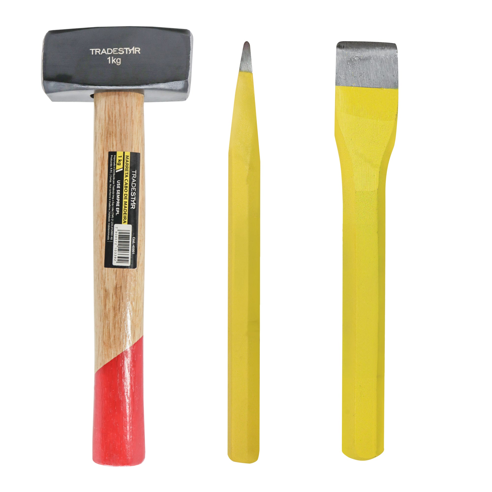 Kit Marreta 1kg Tradestar com cabo de madeira, ponteiro 3/4x8 Tradestar e talhadeira sextavada manual em aço 3/4x8 Tradestar. Ferramentas ideais para construção, demolição e trabalhos pesados. Kit completo para abrir dutos, fazer furos em concreto, cortar tijolos e blocos, e demolir estruturas.