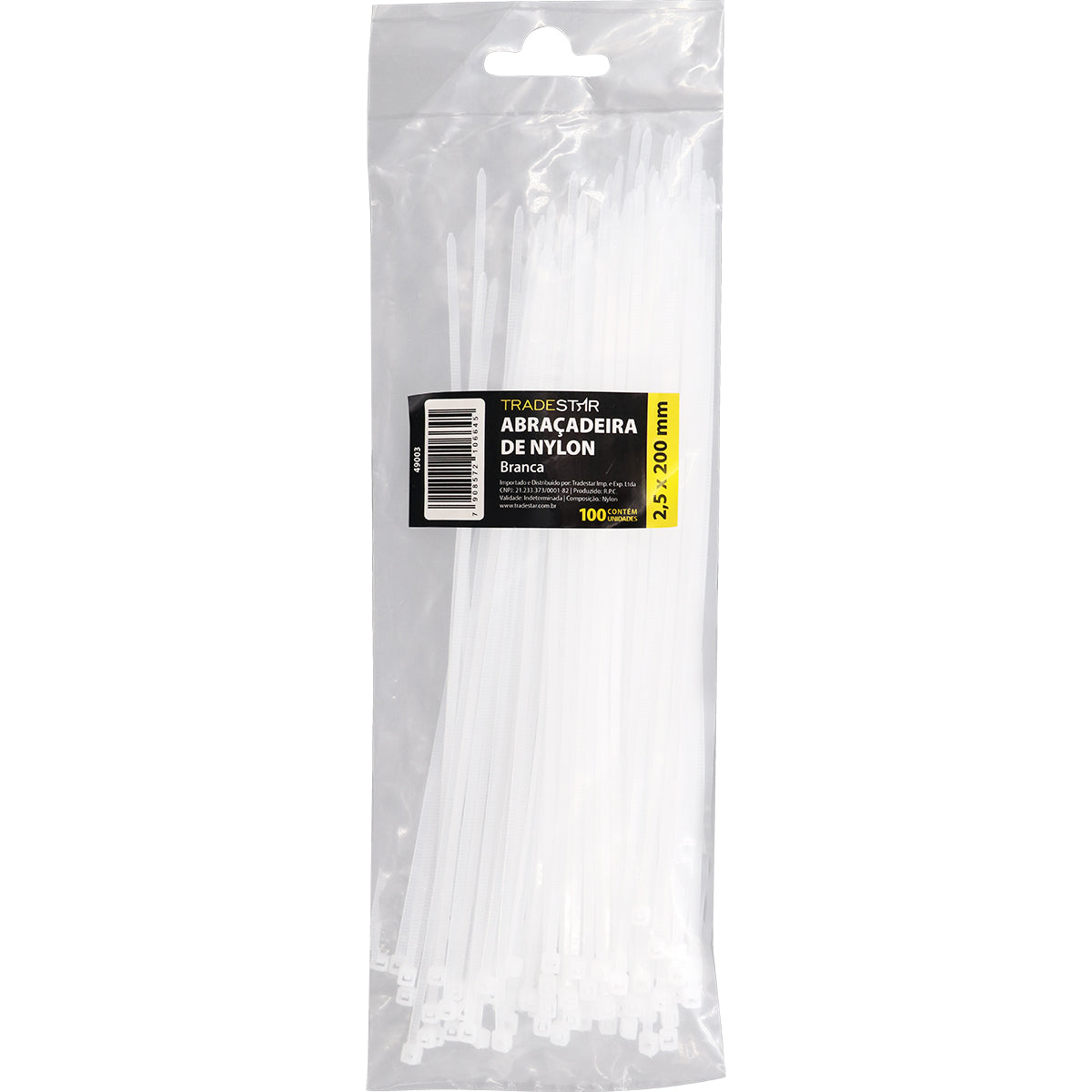 Abraçadeira de nylon branca Tradestar 2,5x200mm - Pacote com 500 unidades (5 pacotes de 100). Ideal para organizar e fixar cabos, fios e outros itens. Resistente, durável e fácil de usar. Perfeita para eletrônica, construção, jardinagem e automotivo.